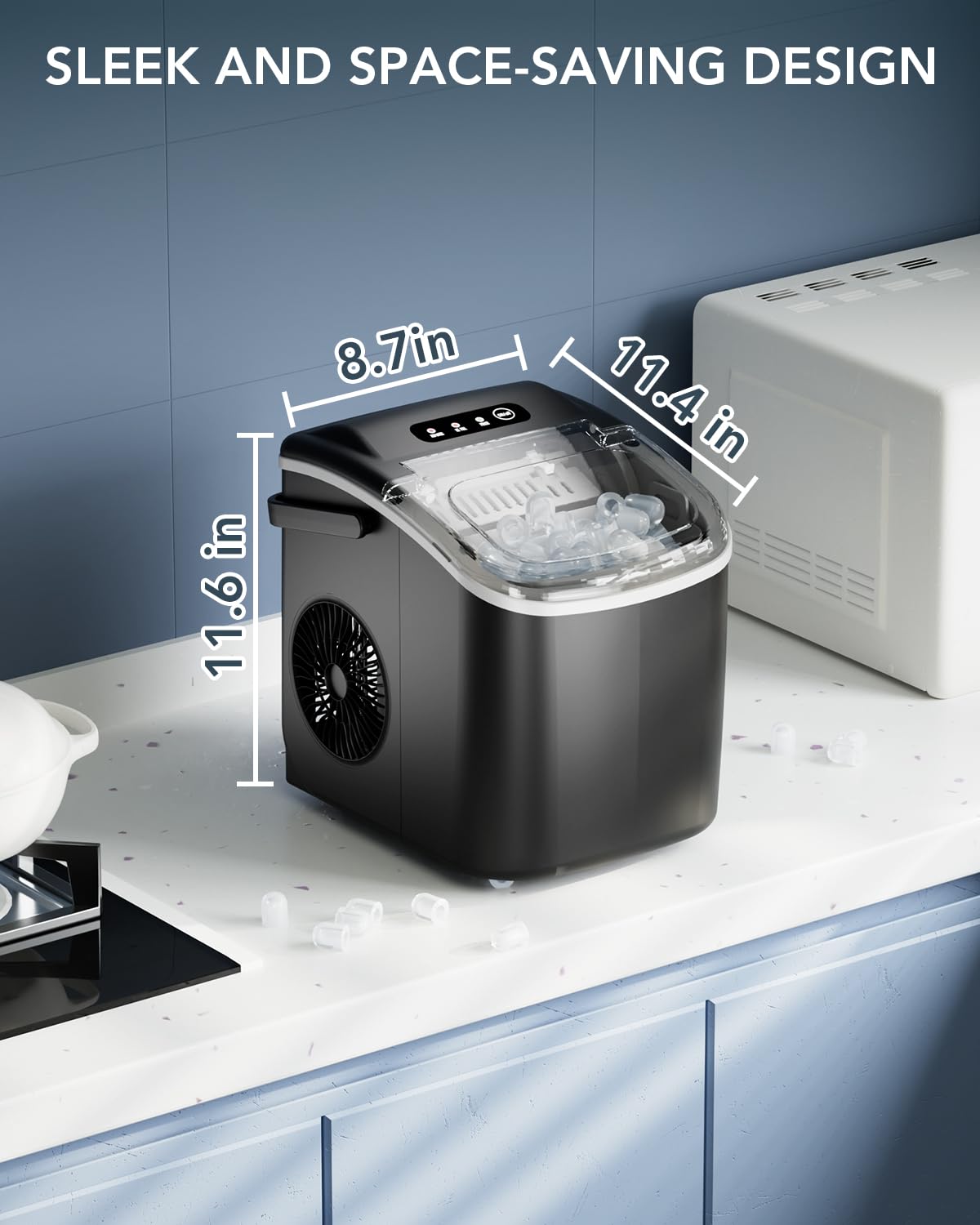 Portable Countertop Ice Maker Machine - 9 Ice Cubes in 8 Minutes, 26.6Lbs/Day, Self-Cleaning with Ice Scoop & Basket - Compact & Efficient for Home, Office, Kitchen, RV, Parties (Black)