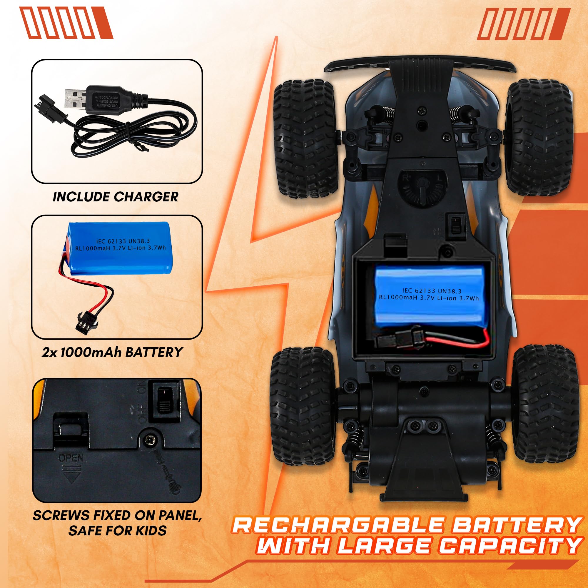 1:20 Scale Offroad Remote Control Car for Boys - High Speed 20km/h RC Truck with LED Lights, 2x 1000mAh Rechargeable Batteries - All Terrain 4WD Toy Car Gift for Kids & Teens | Outdoor Play, Backyard Racing, Birthday Present