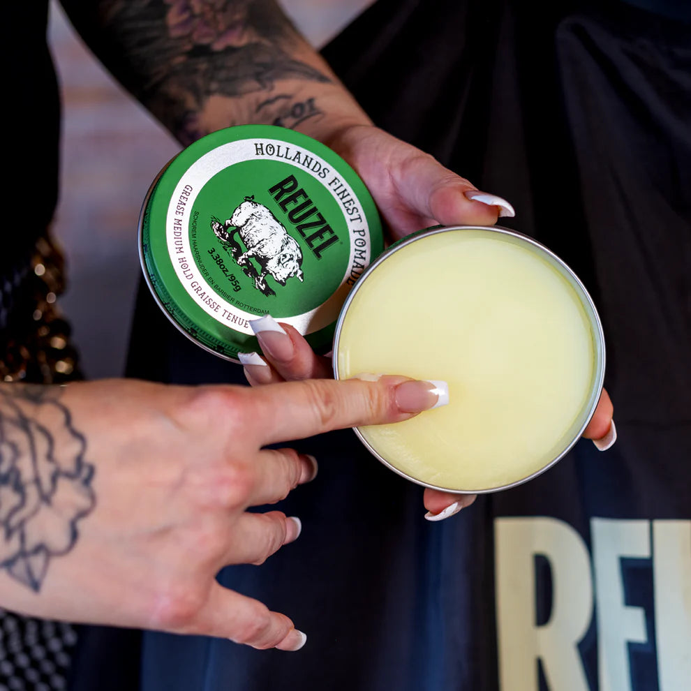 Reuzel Green Pomade - Strong Hold Hair Styling Wax for Men - Classic Slick Back, Pompadour & Undercut Hairstyles - Perfect for Barbershops, Weddings & Everyday Grooming