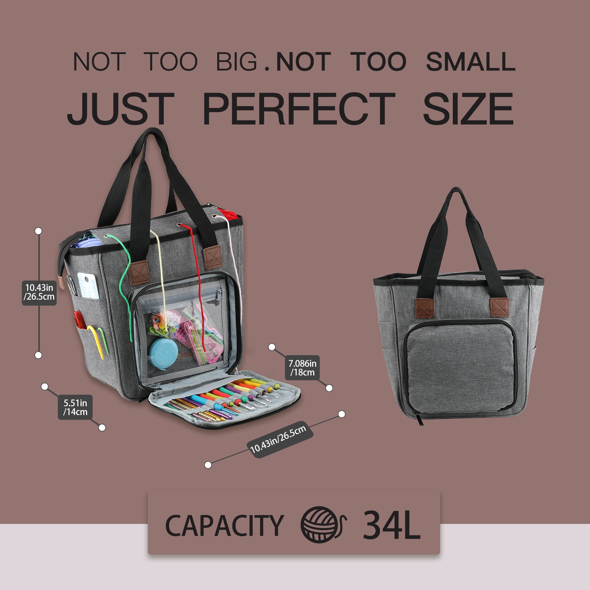 JOZEA Yarn Storage Bag - Portable Crochet Tote Organizer with Multiple Compartments for Yarn & Knitting Supplies | Zippered Knitting Bag with Pockets | Perfect for Home, Travel & Craft Projects (Grey)