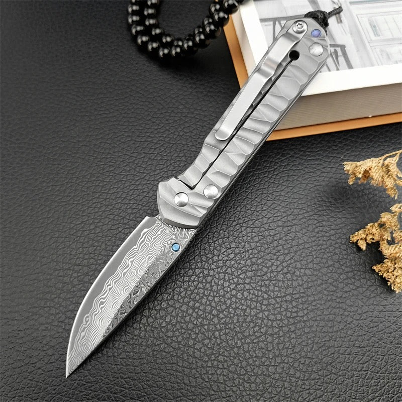 Premium Japanese Damascus VG10 Steel EDC Pocket Knife - Titanium Handle & Sheath - Perfect for Camping, Hiking, Survival & Everyday Carry (EDC)
