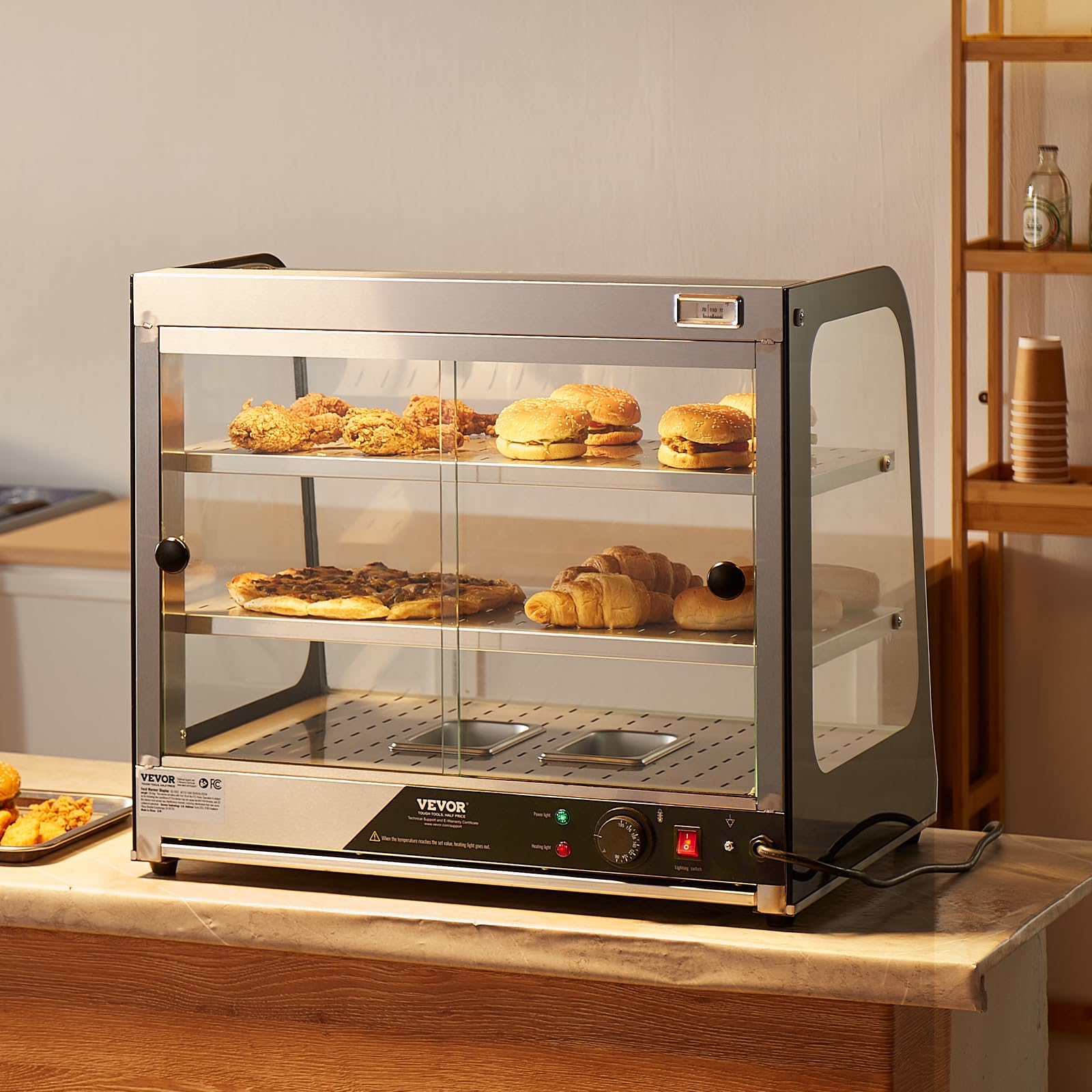 VEVOR 2-Tier Commercial Food Warmer Display - 850W Electric Countertop Food Warmer with Tempered Glass & Steam Heating, 86°F~185°F Adjustable Temperature, 111L Large Capacity for Restaurants, Cafes, Buffets - Perfect for Keeping Hamburgers, Pizza, Bread, Fried Chicken Warm and Fresh