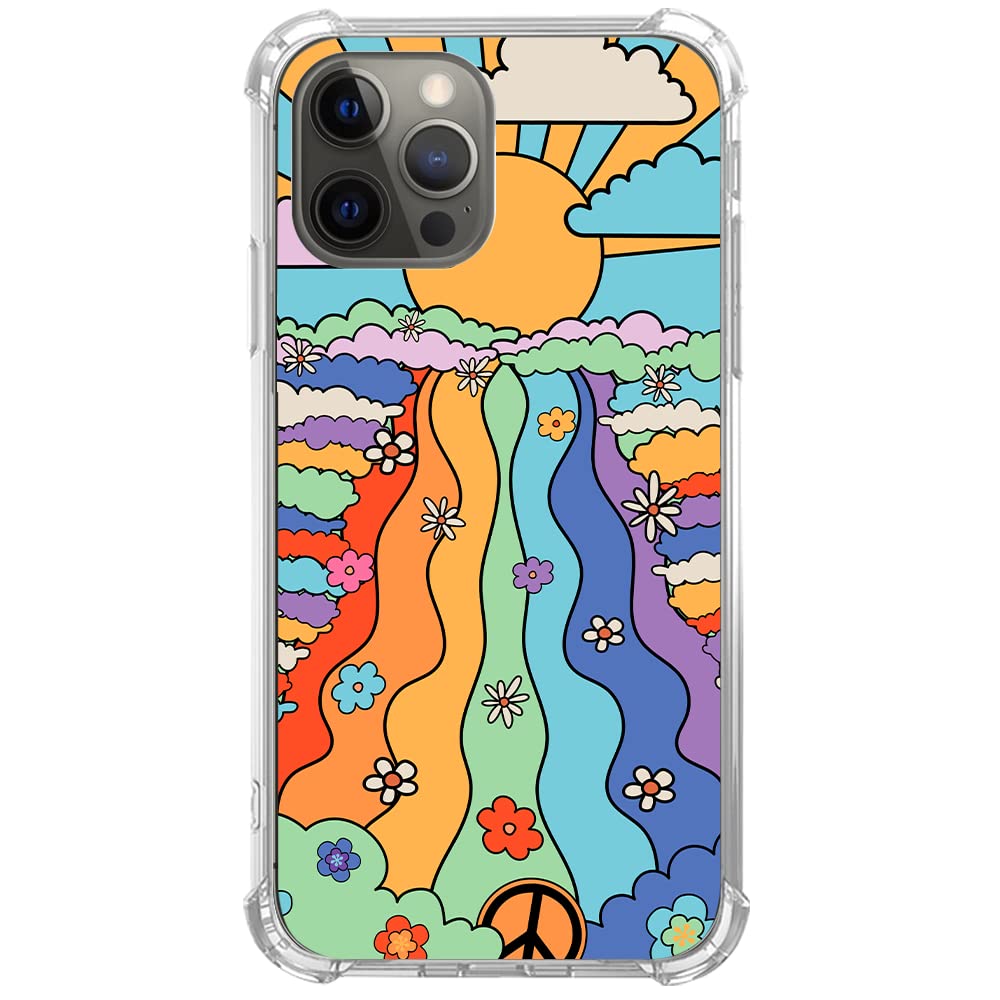 Vintage Hippie Flower Rainbow Sunshine Cloud Phone Case for iPhone 12 Pro Max - Retro Groovy Psychedelic TPU Bumper Cover, Shockproof & Anti-Scratch Protection - Perfect for Music Festivals, Beach Trips & Boho Style Lovers