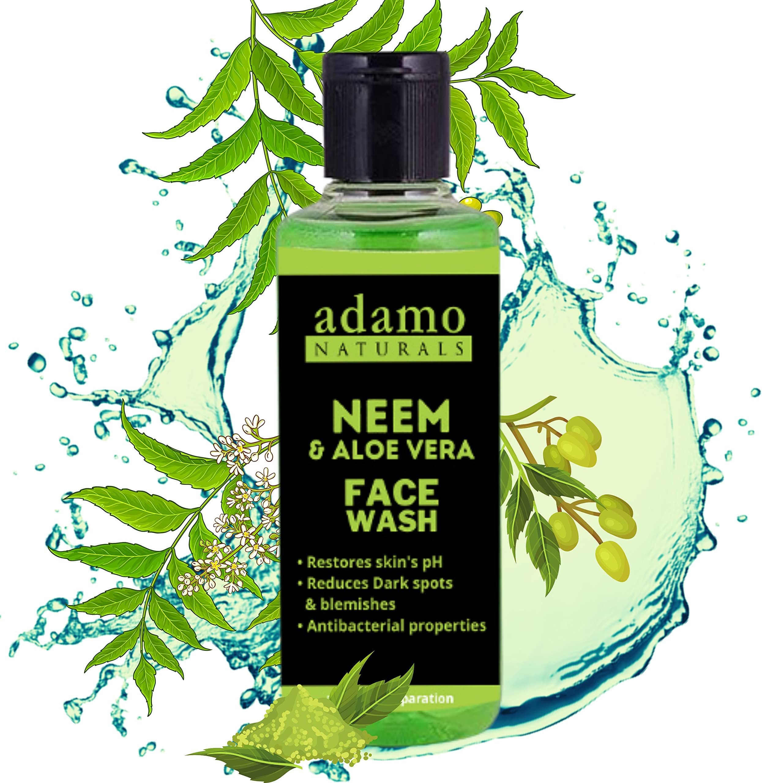 Adamo Naturals Neem & Aloe Vera Face Wash for Acne & Oily Skin - 100g Organic Cleanser for Daily Skincare Routine & Gentle Exfoliation