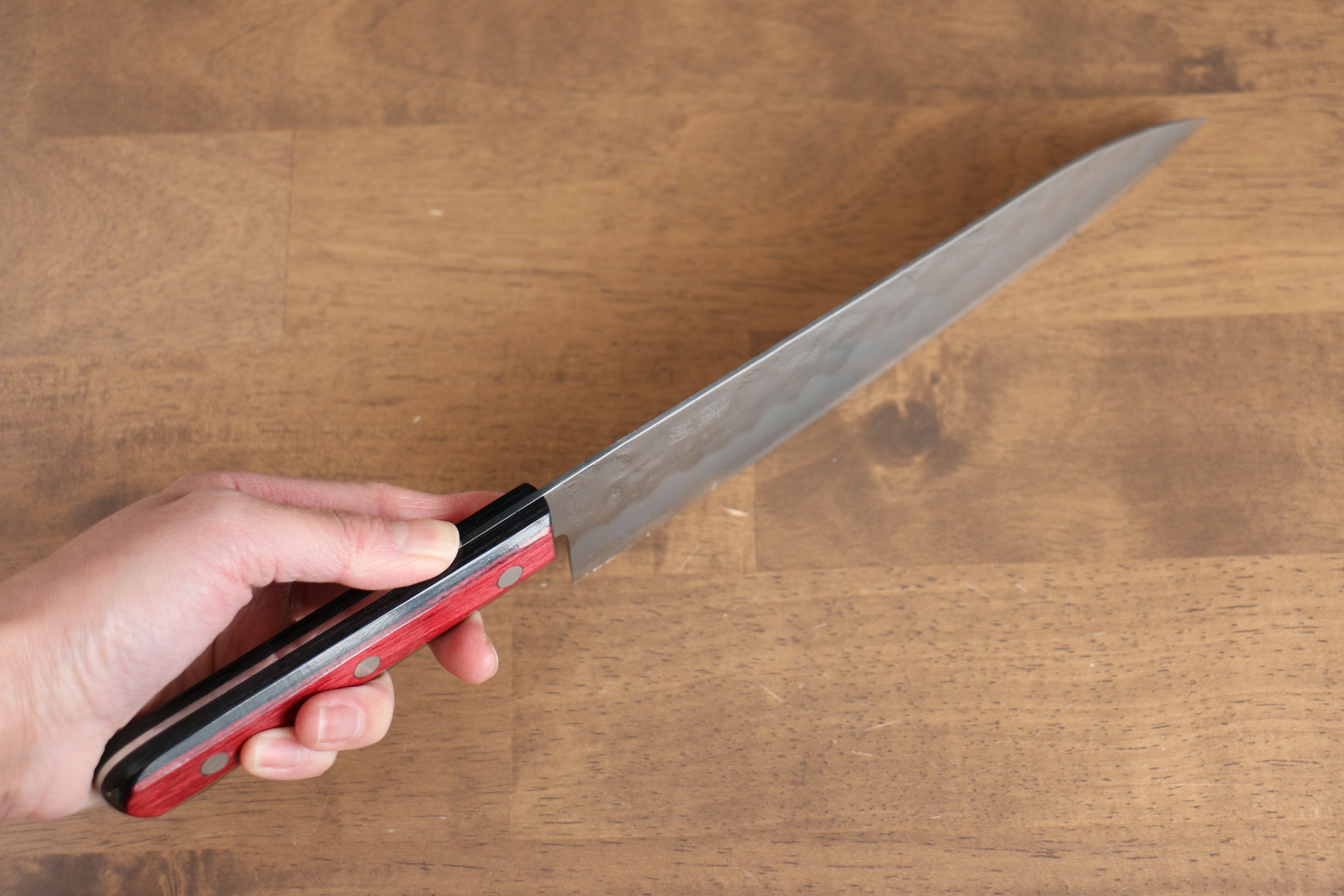 Premium Seisuke Ringo Silver Steel No.3 Nashiji Gyuto 210mm Japanese Chef Knife with Red Pakka Wood Handle - Perfect for Sushi, Meat Cutting & Professional Kitchen Use