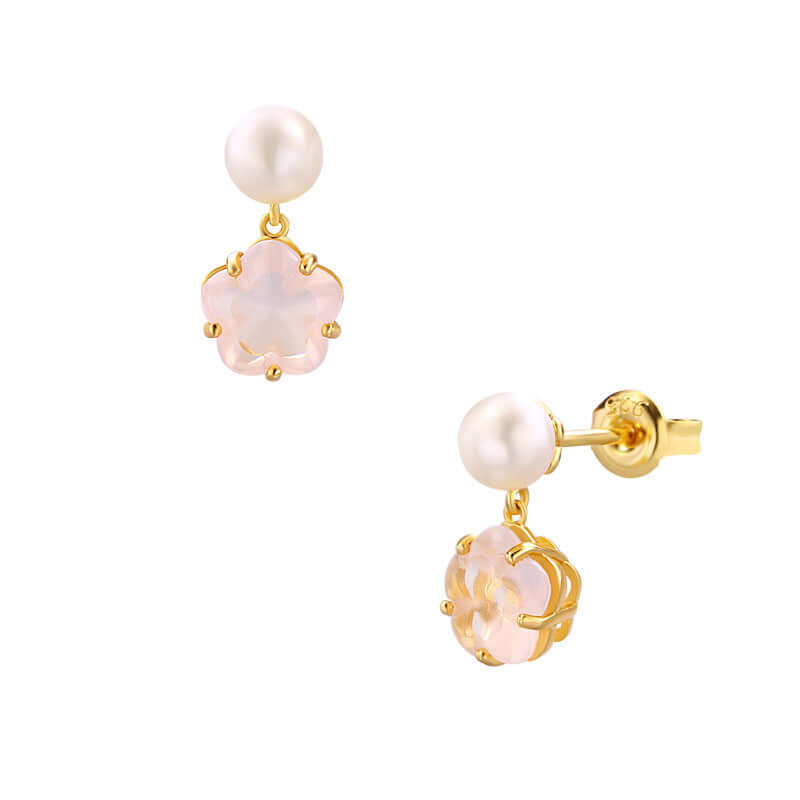 925 Sterling Silver Flower Rose Quartz Pearl Drop Earrings for Women | Elegant Dangle Jewelry Gift for Valentine's Day, Anniversary & Special Occasions | TB1459
