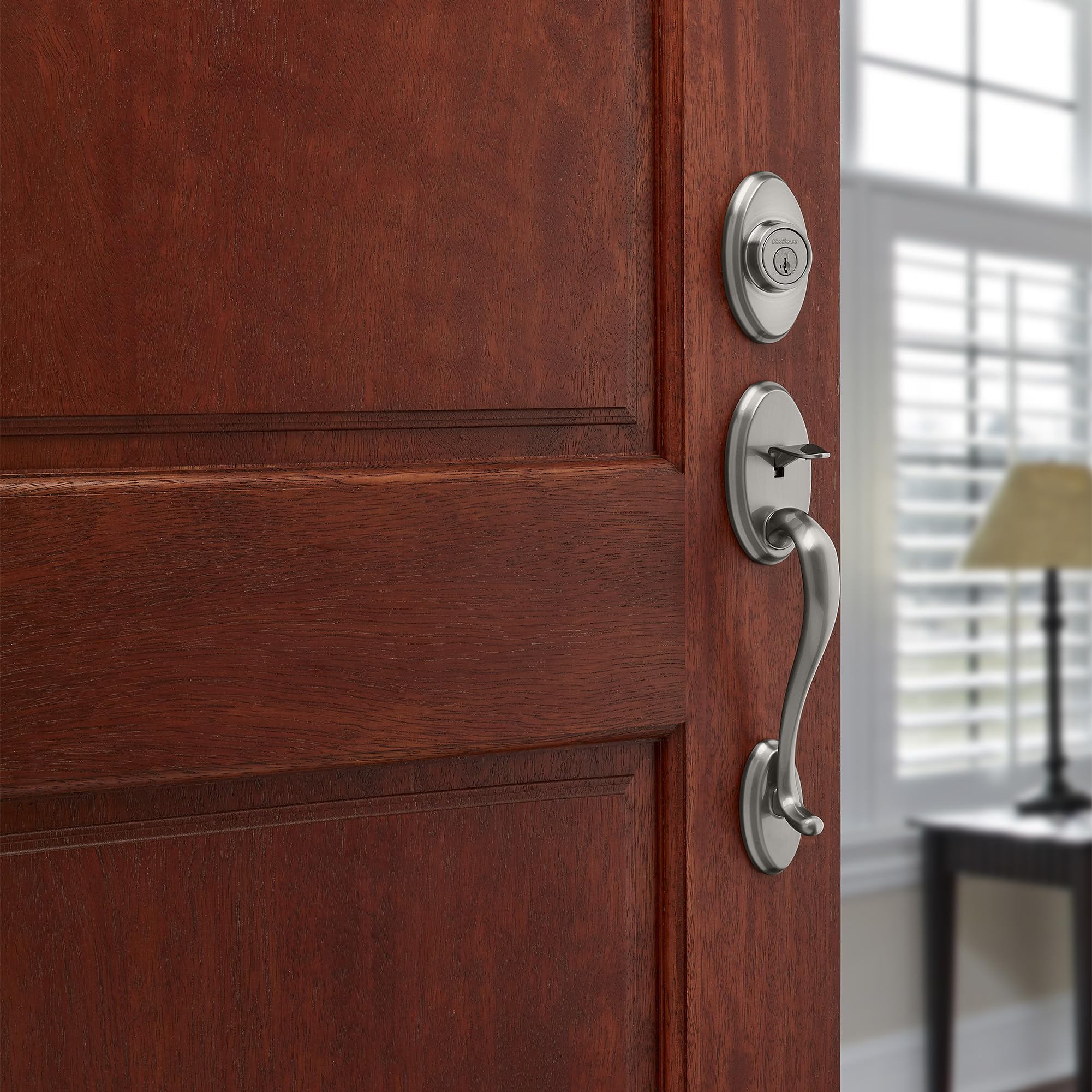 Kwikset Shelburne Satin Nickel Front Door Lock Handle and Deadbolt Set - SmartKey Rekey Technology, Pick Resistant Security, Reversible Lever for Easy Installation - Perfect for Home Entry Doors, Apartments, and Office Buildings