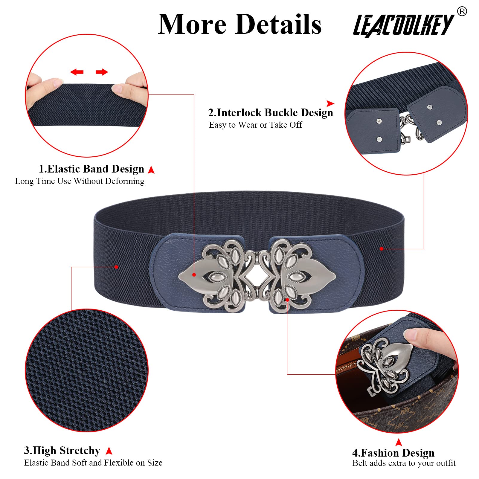 LEACOOLKEY Women's Wide Stretch Elastic Waist Belt - Adjustable Vintage Cinch Belt for Dresses, Skirts & High Waisted Pants | Perfect for Casual, Office & Special Occasions
