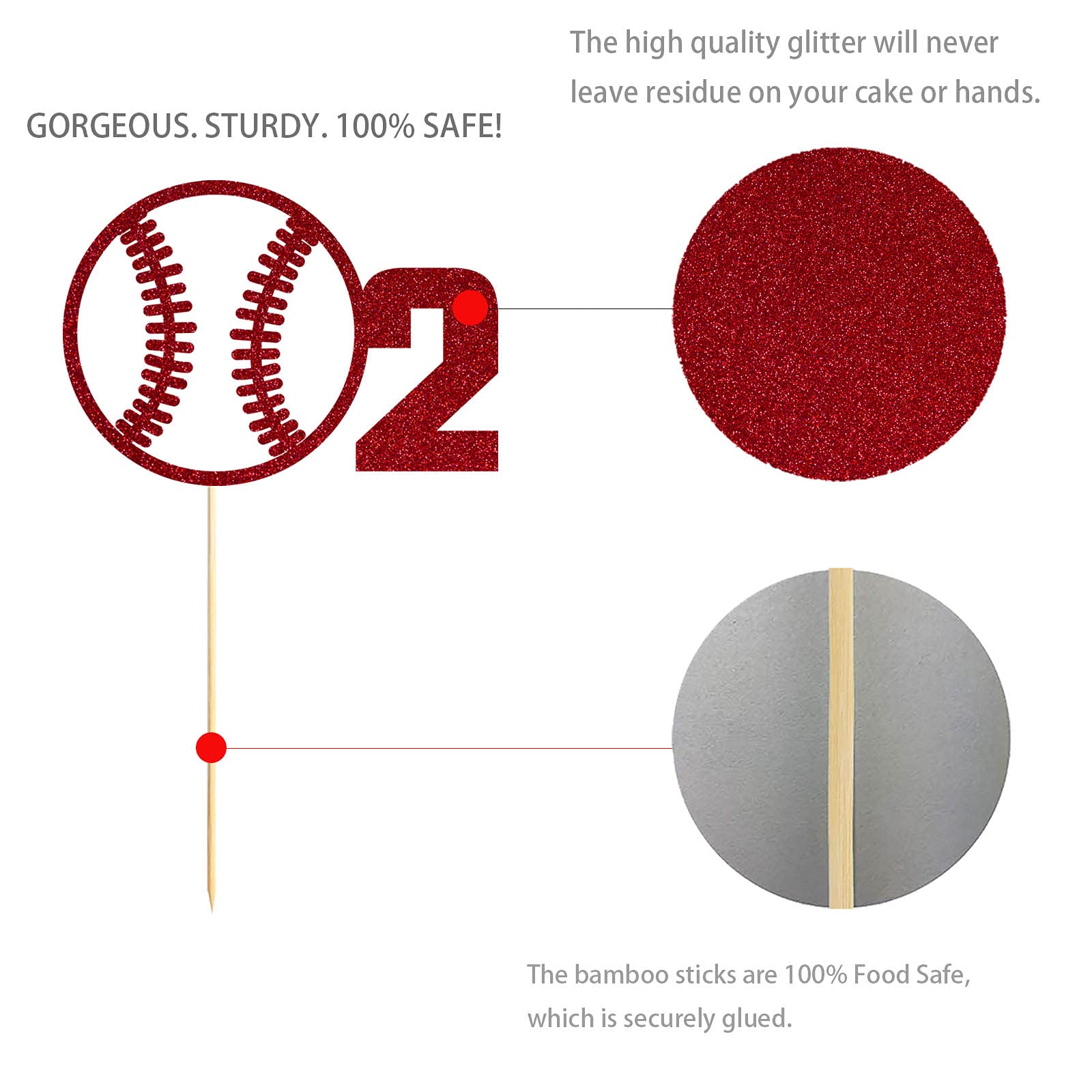 Red Glitter Baseball 2nd Birthday Cake Topper - Happy Birthday Party Decorations for Boys, Girls, Sports Theme Cakes & Cupcakes
