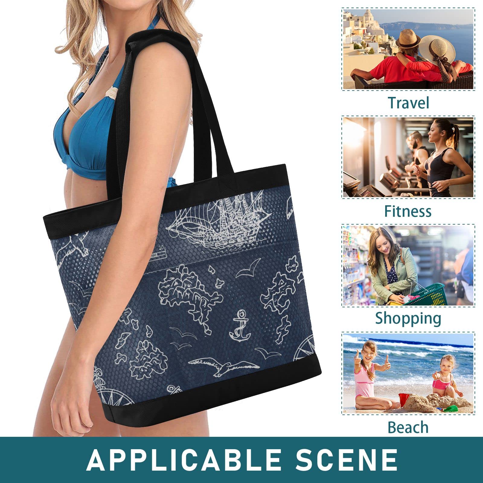 J JOYSAY Marine Nautical Ships Compass Mesh Beach Tote Bag - Large Waterproof Beach Bag for Women, Travel, Shopping & Gym - Perfect for Pool, Beach, Sports & Outdoor Activities