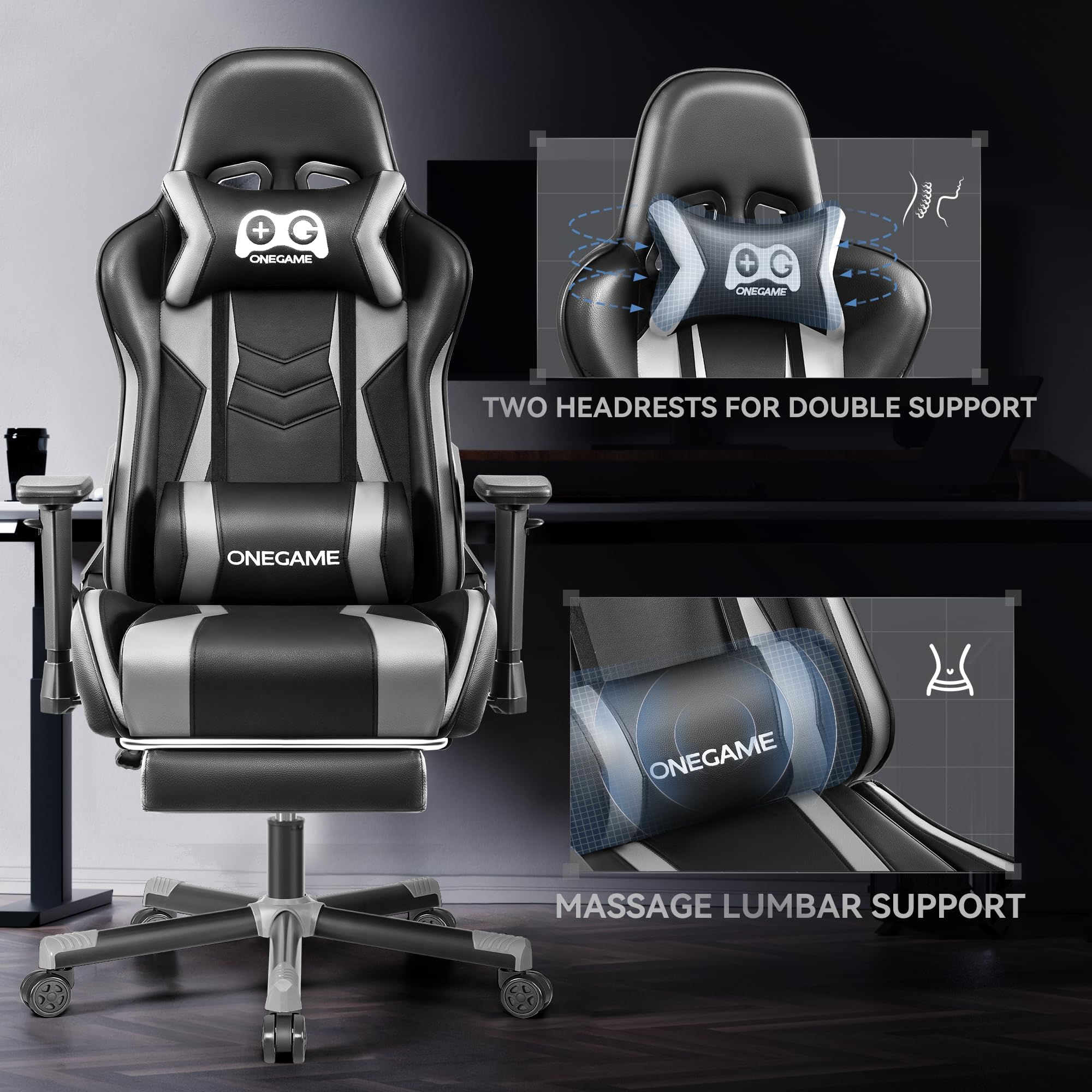 OneGame Ergonomic Gaming Chair for Adults - 3D Adjustable Armrests, Footrest & Lumbar Support - PU Leather Racing Style Computer Chair for Office & Video Games (Black/Gray) - Perfect for Esports, Streaming & Home Office Workspace