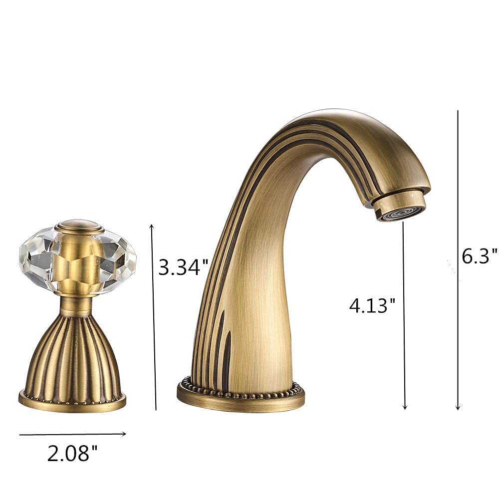 3 Hole Widespread Deck Mount Bathroom Sink Faucet with Crystal Handle - Antique Bronze Brass Mixer Tap for Vanity & Powder Room | Perfect for Modern & Traditional Bathroom Designs