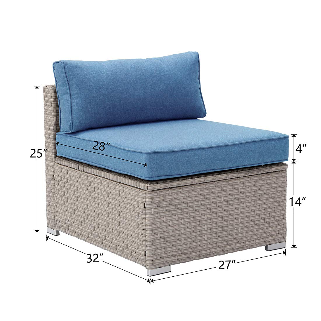 **Outdoor Armless Chair for Sectional Sofa Set - Denim Blue Thick Cushions & Woven Striped Pillow - Perfect for Garden, Pool, Backyard, Patio, and Deck Relaxation**