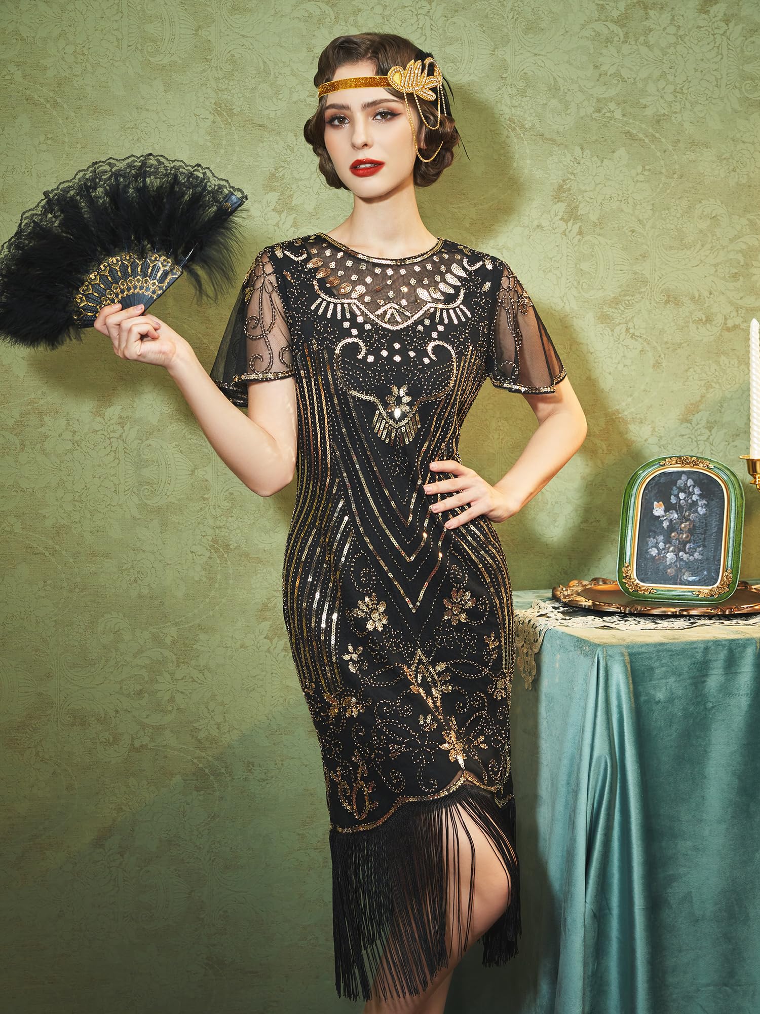 Vintage 1920s Flapper Dresses for Women - Roaring 20s Great Gatsby Style Sleeve Dress with Crew Neck | Perfect for Harlem Nights, Gatsby Parties & 1920s Themed Events