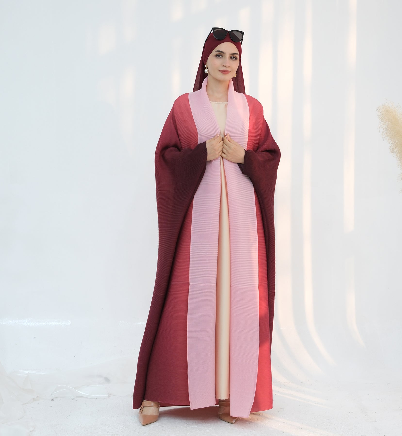 Elegant Kenyat Pleated Ombre Kimono Open Abaya - Pink Flowy Cover-Up for Women | Perfect for Beach, Boho Fashion & Special Occasions
