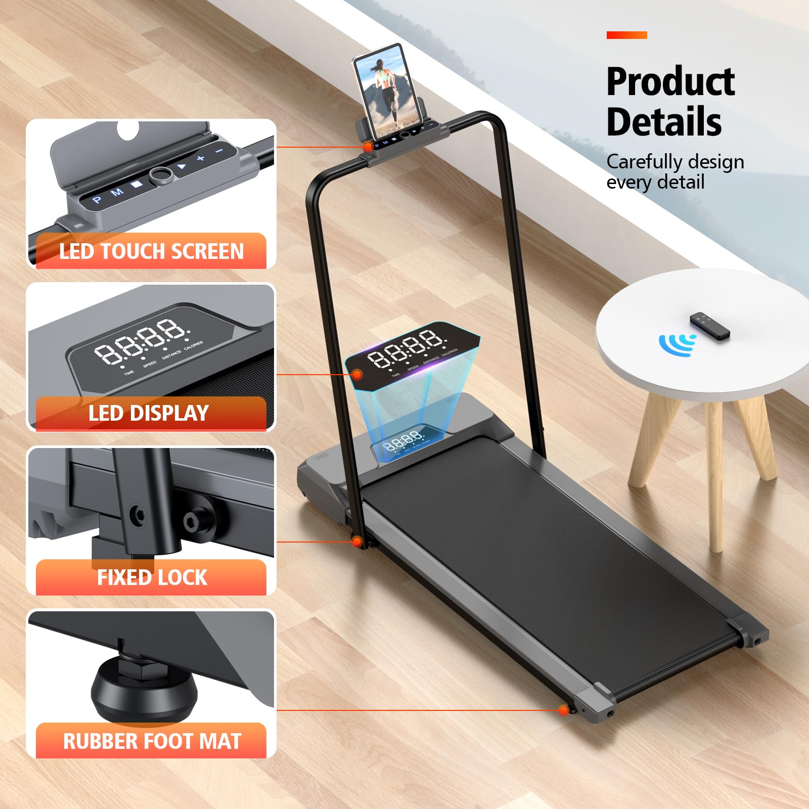 Under Desk Treadmill with Handle Bar - Portable Foldable Walking Pad for Home & Office - 2-in-1 Function, 4 Speed Modes, Quiet Motor, Remote Control & LED Display - Perfect for Workouts, Home Gym, Office Fitness & Small Spaces