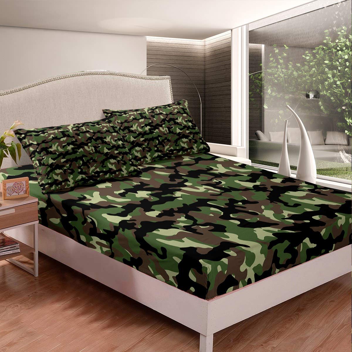 Feelyou Camo Bed Sheets Set - Queen Size Kids Bedding for Boys & Girls - 1 Fitted Sheet & 2 Pillowcases - Perfect for Adventure Themed Bedrooms