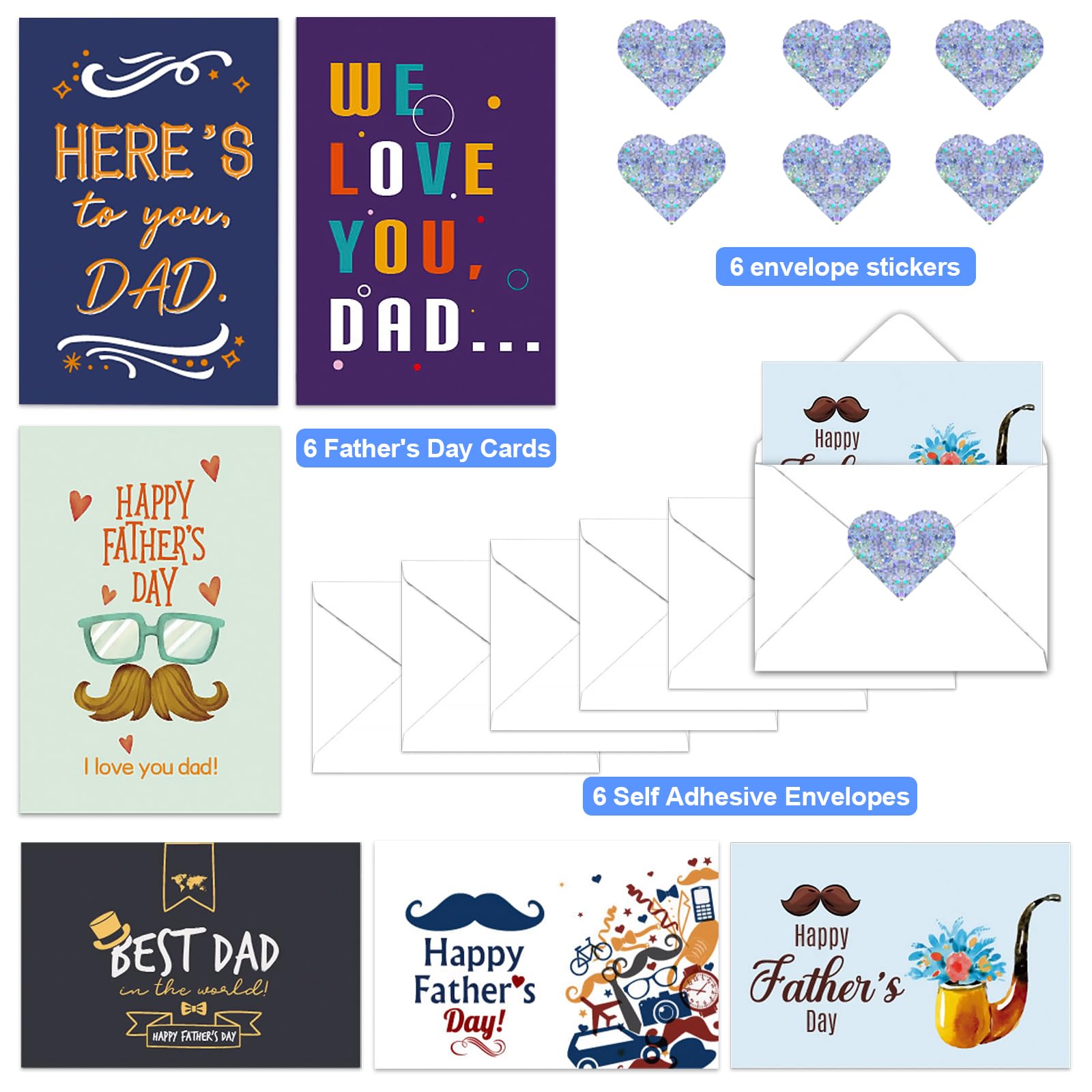 6-Pack Father's Day Greeting Cards with Envelopes & Stickers - Perfect Gift from Son, Daughter, Husband, Wife or Kids - Great for Office, Home Decor & Special Occasions