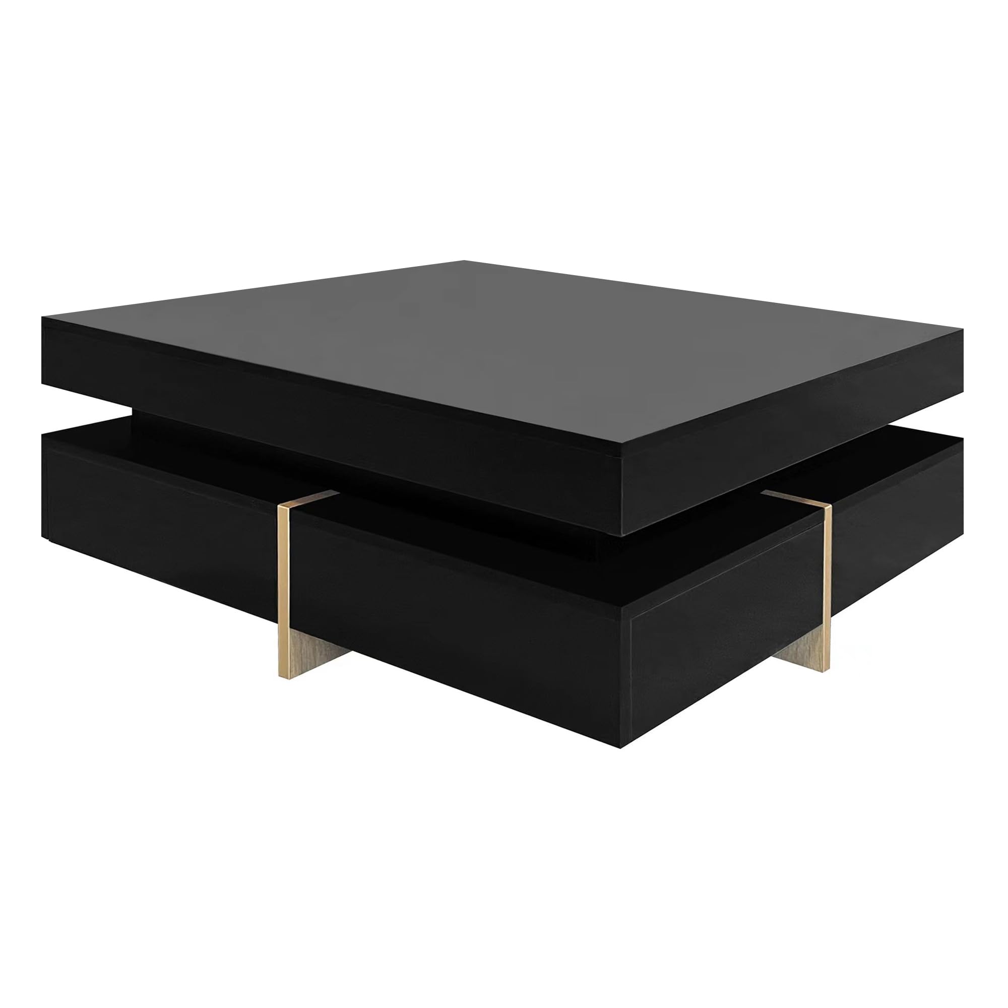 Modern High Gloss Coffee Table with 4 Drawers - Merax Multi-Storage Square Cocktail Table with Wood Grain Legs for Living Room, 31.5