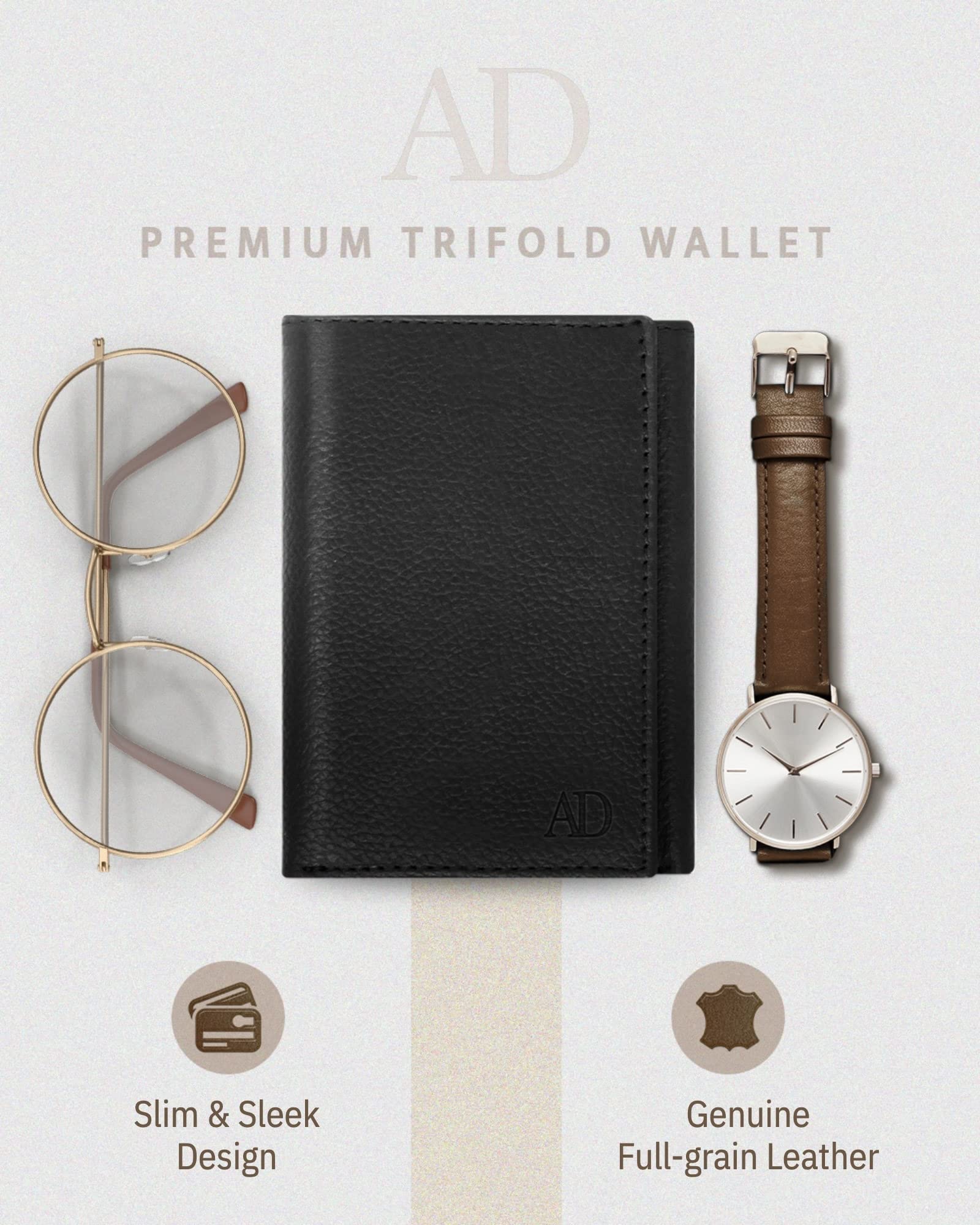 Slim RFID Blocking Trifold Wallet for Men - Genuine Leather Front Pocket Wallet with ID Window - Secure Personal Data - Perfect Gift for Dad, Husband, Boyfriend - Ideal for Travel, Work & Everyday Use