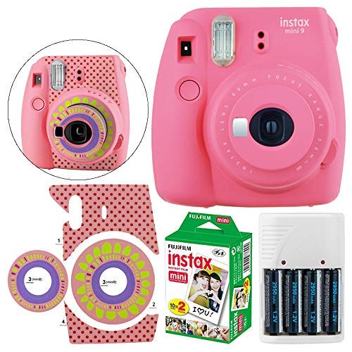 Fujifilm Instax Mini 9 Instant Camera Bundle - Pink Flamingo Camera + 20 Shots Twin Pack Film, 4 AA Batteries, White Charger & Decorative Stickers | Perfect for Parties, Travel Memories & DIY Photo Gifts