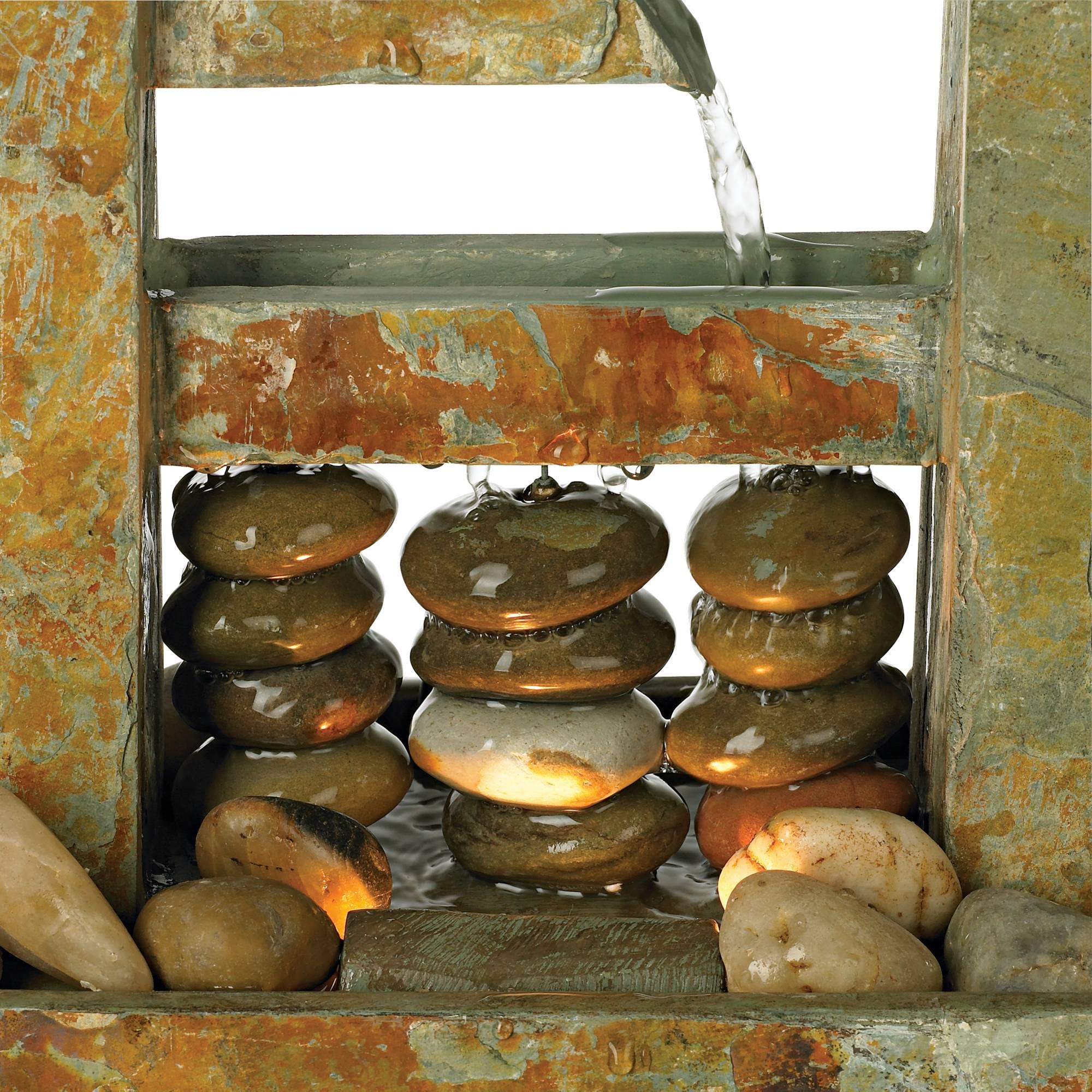 Zen Cascading Indoor Water Fountain with LED Light - Natural Slate Stone & River Rock Design - 17.25