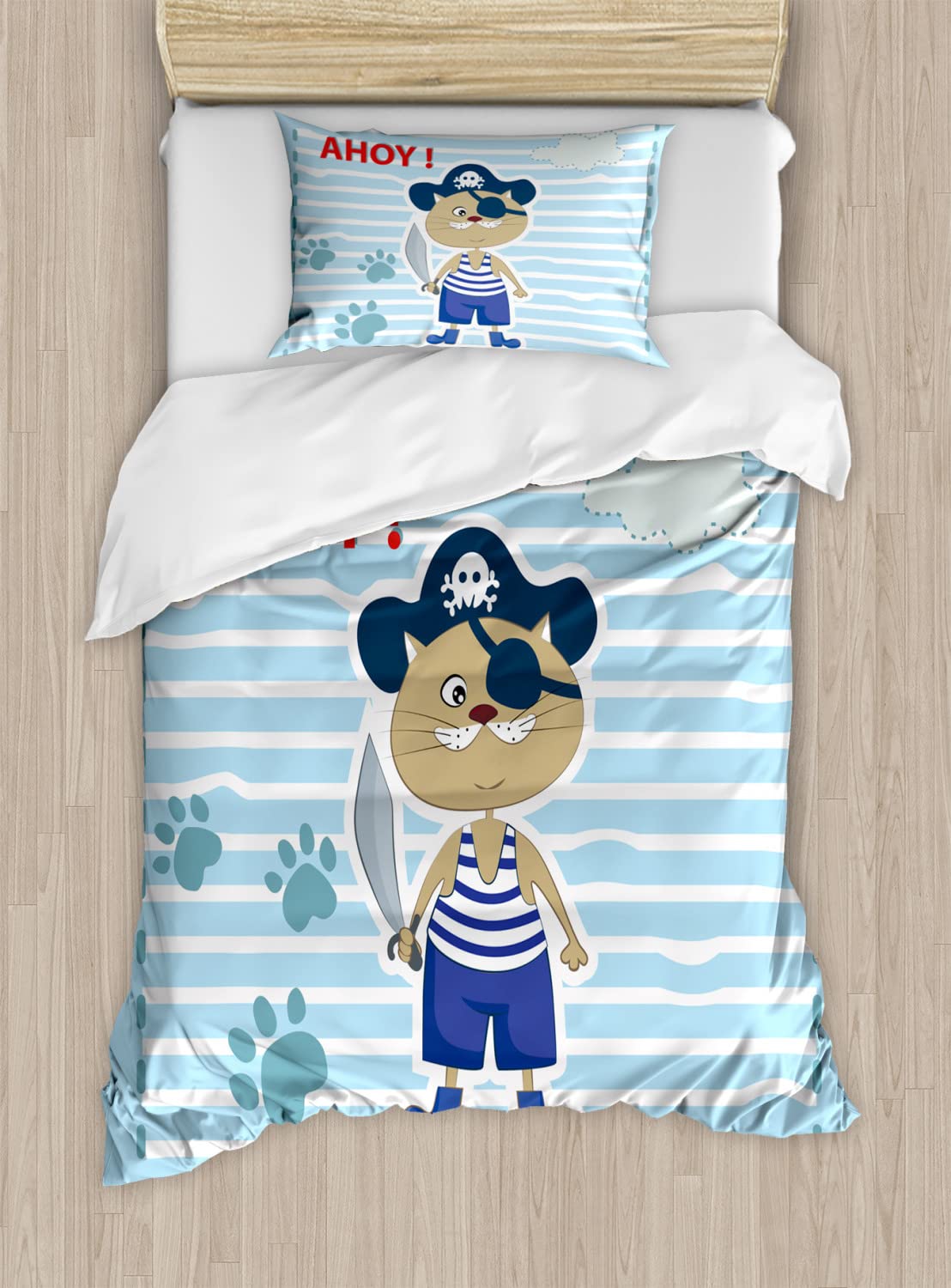 Ambesonne Cat Pirate Duvet Cover Set - Funny Paws & Clouds Maritime Striped Design, 2-Pack California King Size Bedding (Violet Blue Turquoise) for Themed Bedrooms, Pirate Party Decor, or Unique Gift Idea