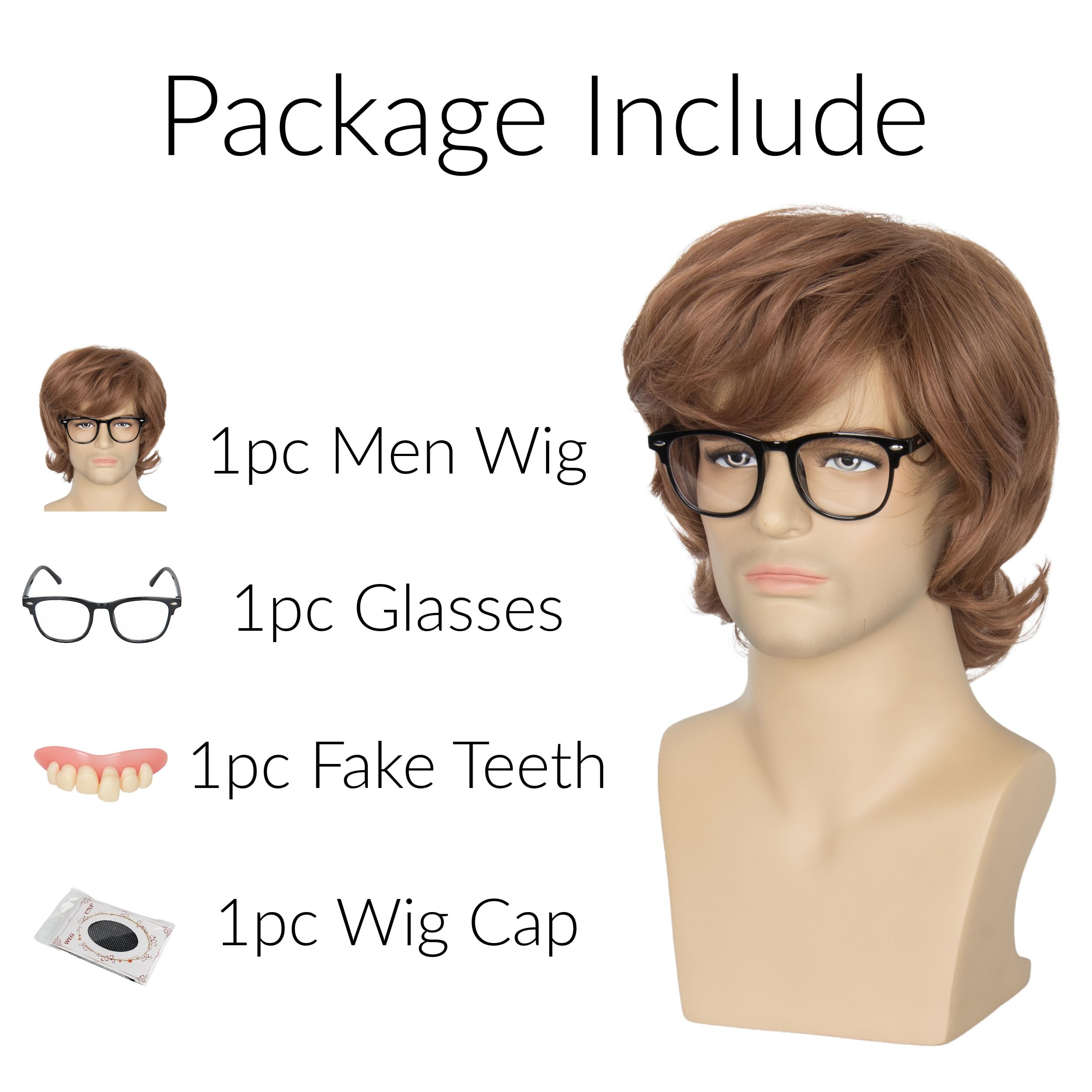Golden Brown Shaggy Wig for Men - Austin Powers Costume Hair with Black Glasses & Fake Teeth Set | Halloween Party, Cosplay, Themed Events, 70s Disco Outfit Accessory