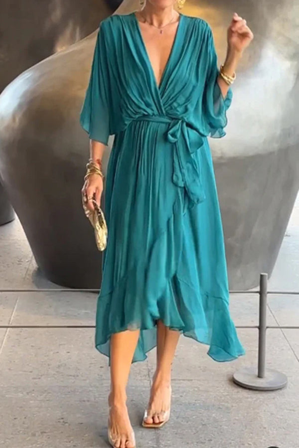 Elegant Solid Color V-Neck Batwing Sleeve Lace-Up Asymmetrical Hem Midi Dress for Women | Party, Cocktail, Wedding & Evening Occasions