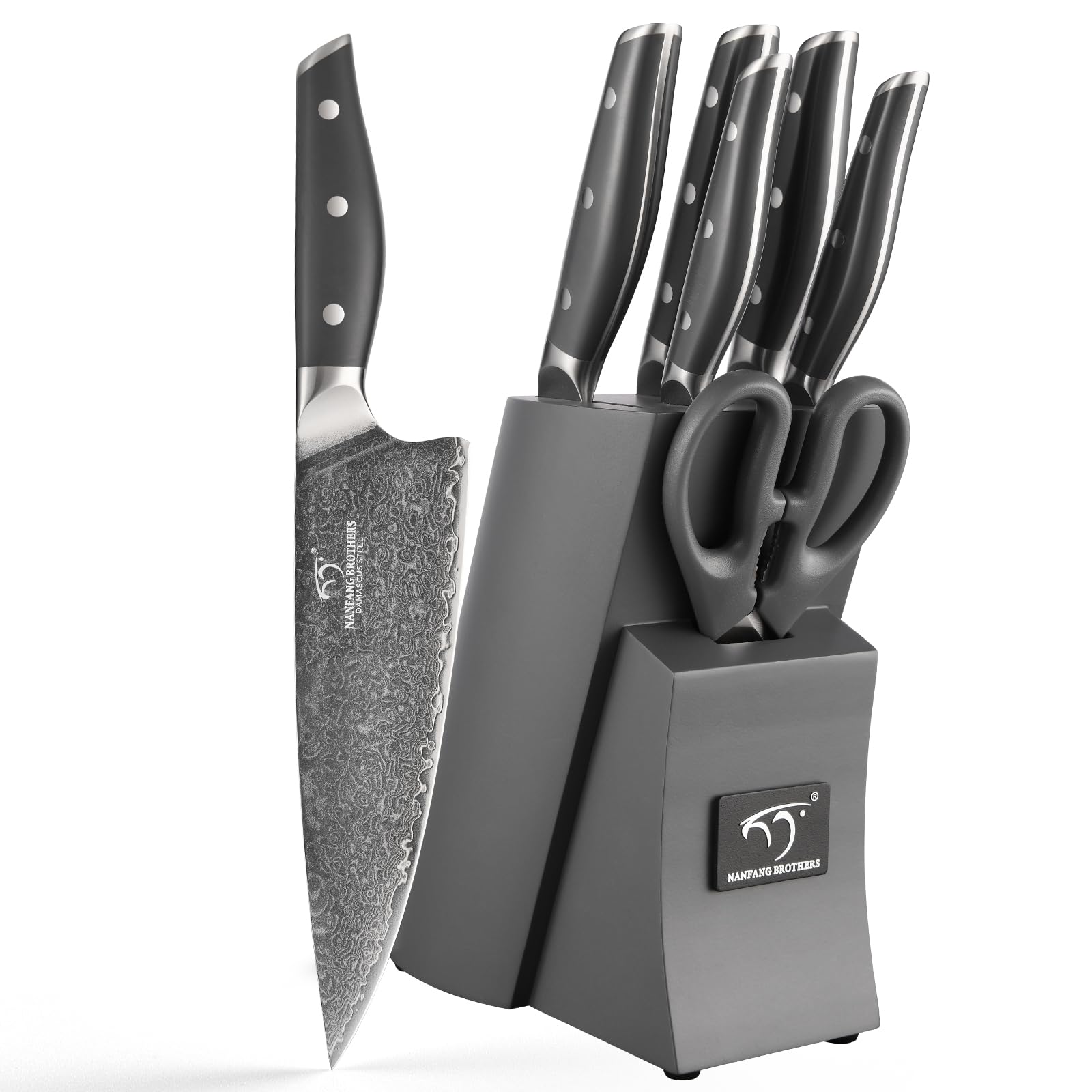 Premium 7-Piece Damascus Steel Knife Set with Wooden Block - Chef Knives, Carving Fork & Ergonomic ABS Handles - Professional Kitchen Cutlery for Cooking, Slicing & Food Preparation (Grey)