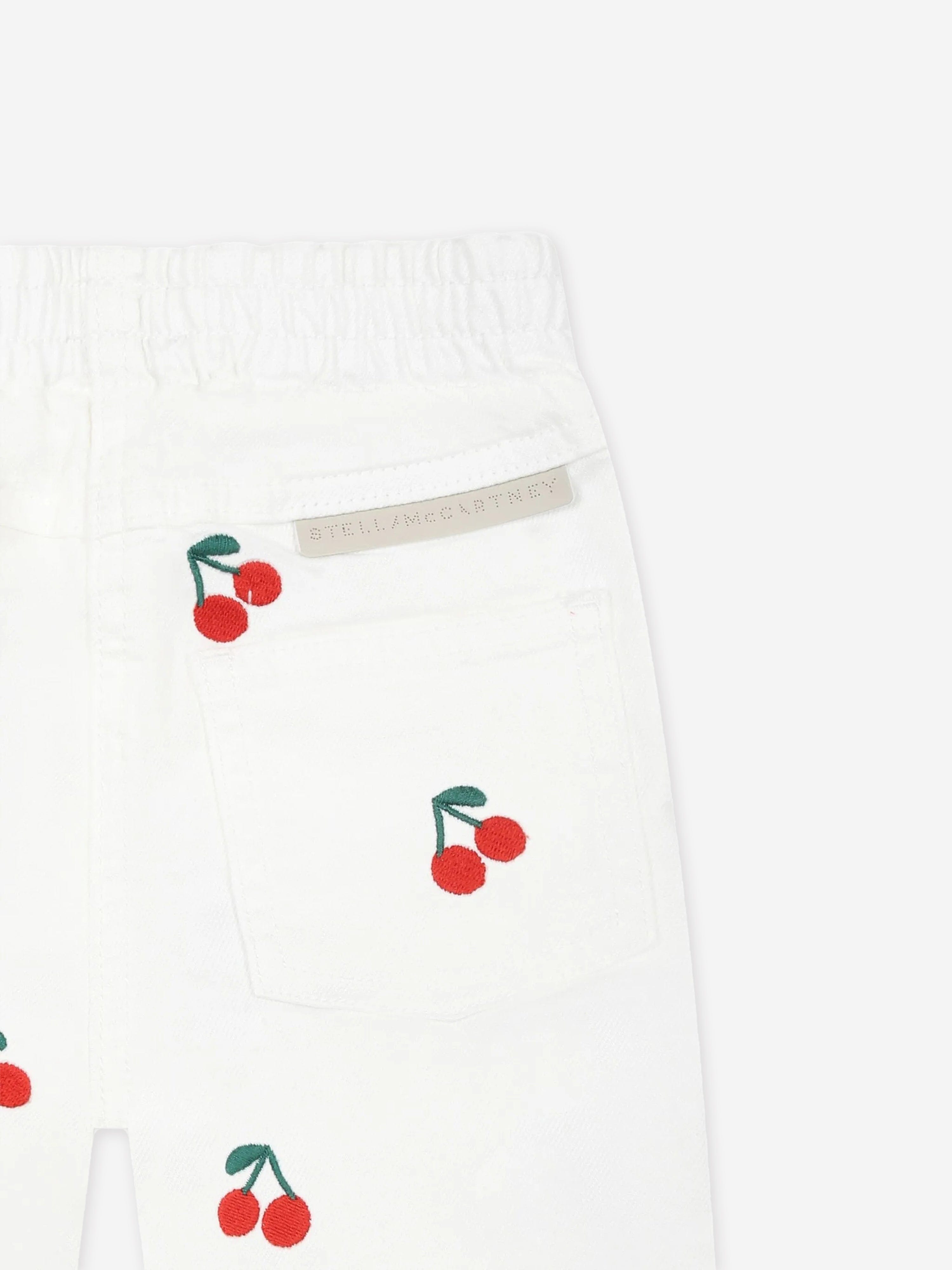Baby Girls' White Embroidered Cherry Trousers - Soft Cotton Pants for Toddler Playtime & Special Occasions