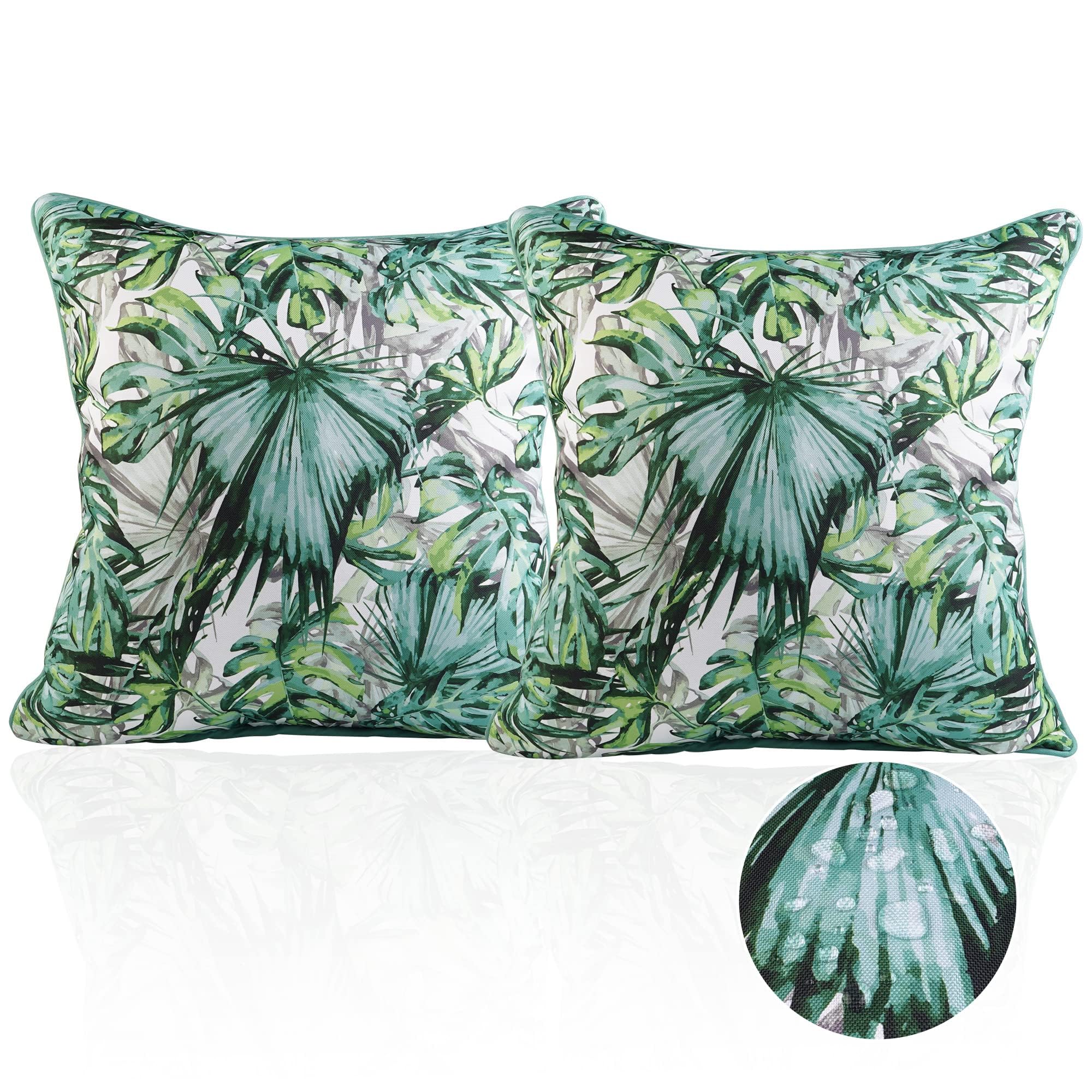 2 Pack Waterproof Tropical Leaf Throw Pillow Covers 20x20 Inch - Indoor Outdoor Decorative Green Palm Leaf Pillow Cases for Sofa, Couch, Patio Furniture, Garden Bench - Perfect for Summer, Boho & Coastal Home Decor