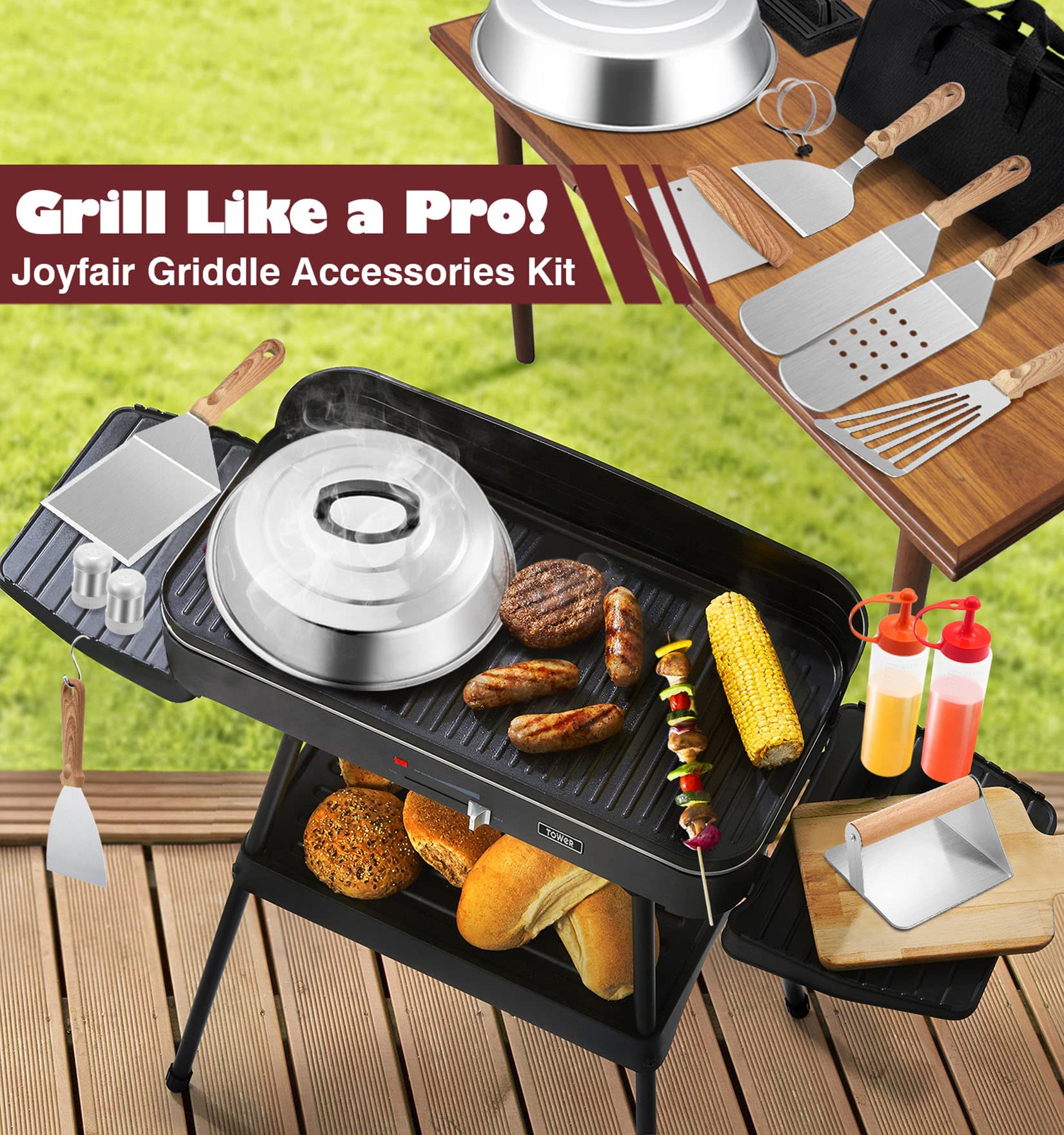 Joyfair 19-Piece Griddle Accessories Kit with Melting Domes - Stainless Steel BBQ Turners, Basting Cover, Burger Press & Scrapers for Flat Top Grill - Perfect for Outdoor Camping, Teppanyaki Cooking & Backyard BBQs - Includes Convenient Carry Bag