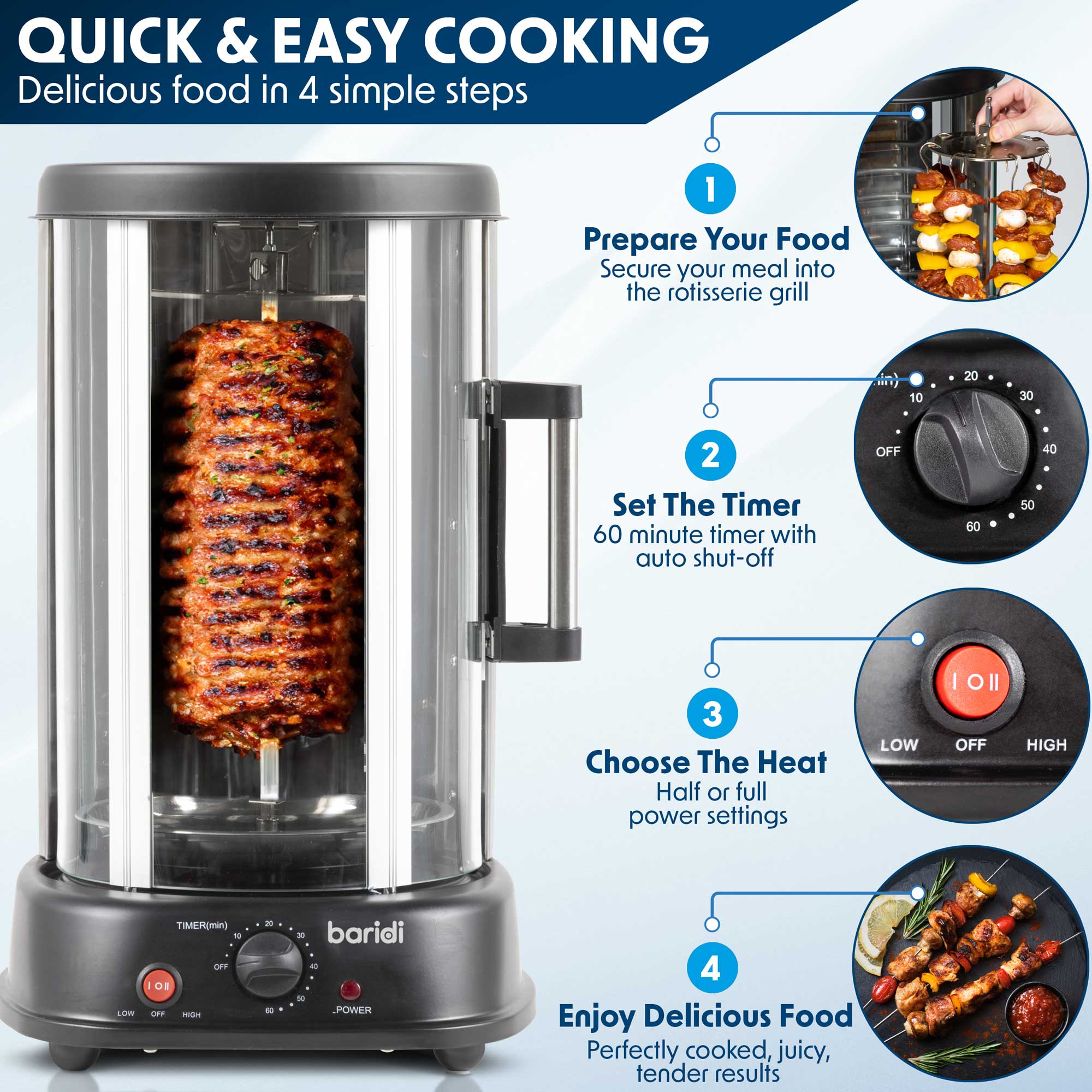 Baridi Vertical Rotisserie Grill - 1500W Electric Rotisserie Oven for Kebabs, Gyros, Skewers & Roasts - 21L Capacity, Black (Model DH216) - Perfect for Home Cooking, Parties & Outdoor BBQs