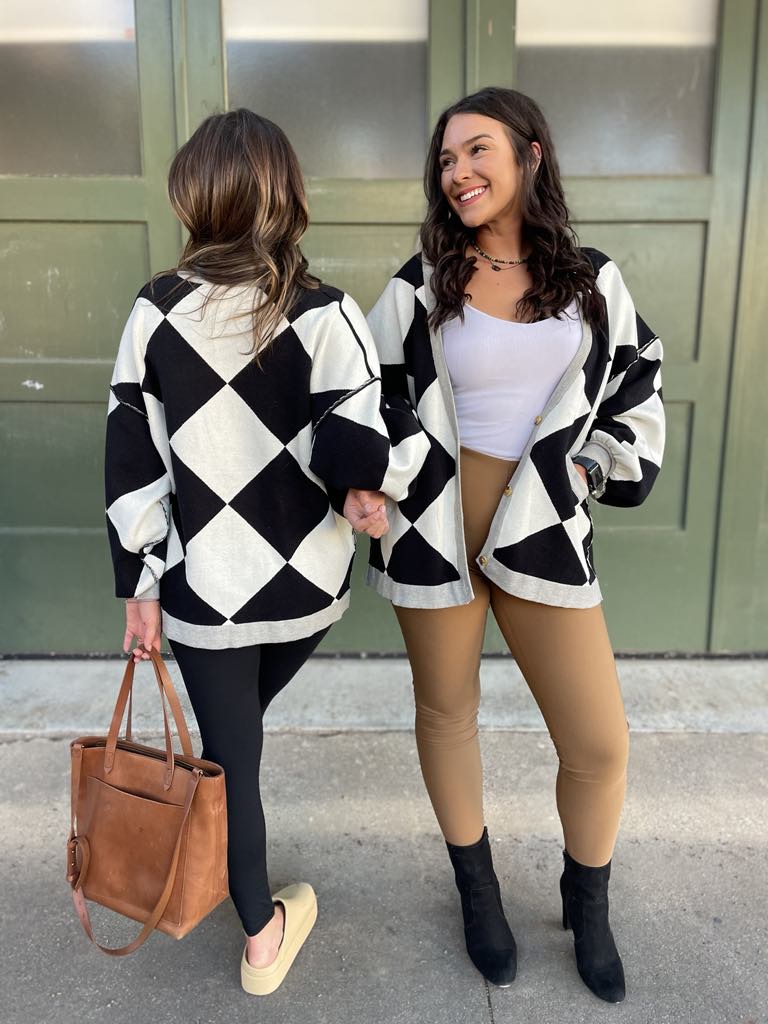 PREORDER: Black Checkers Contrast Trim Cardigan for Women | Stylish Knit Sweater for Fall & Winter | Perfect for Office, Casual Outfits & Layering