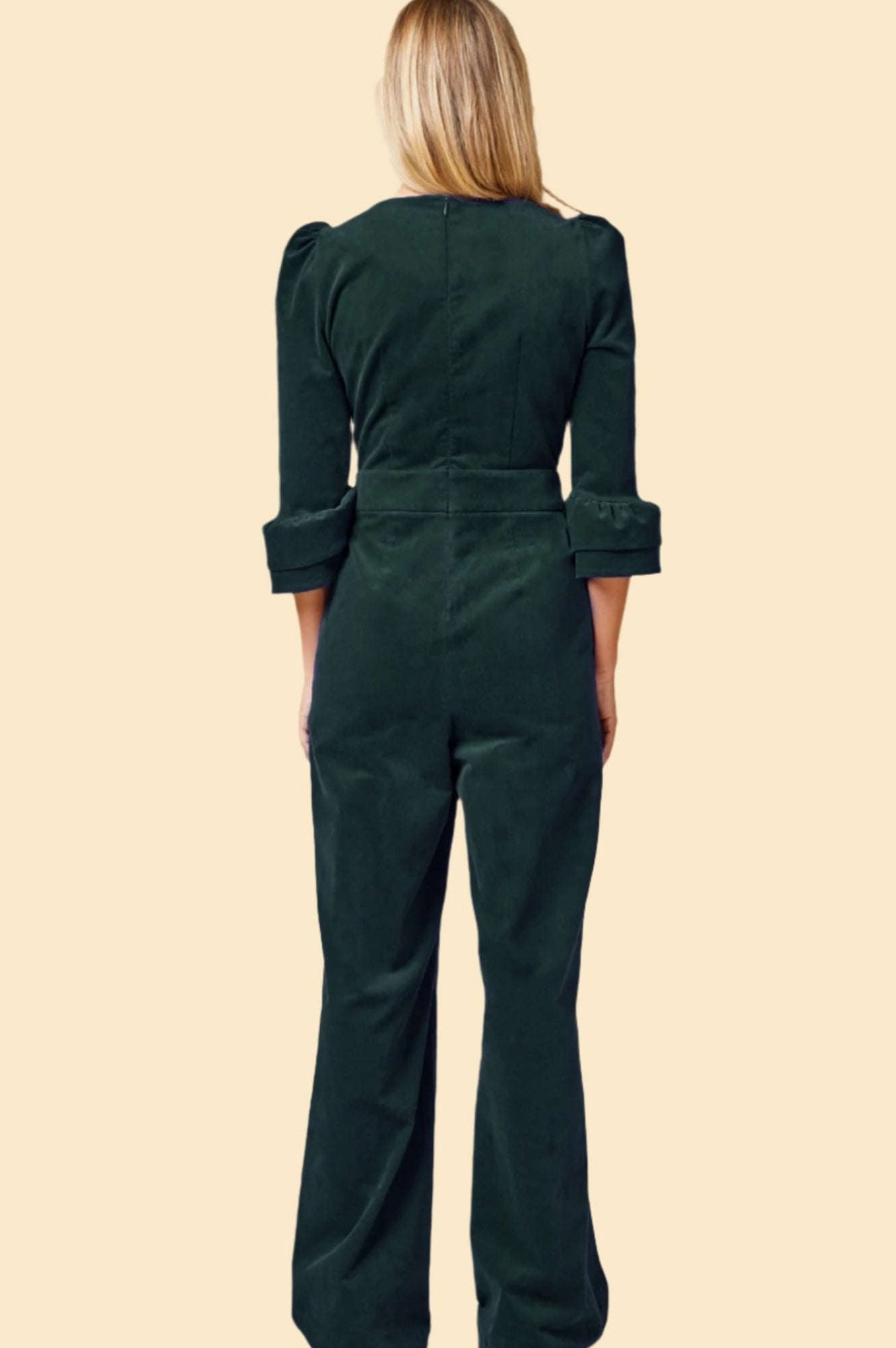 Victoria Women's 3/4 Sleeve Stretch Corduroy Jumpsuit in Bottle Green | Comfortable Casual Romper for Fall & Winter | Perfect for Office, Date Night and Weekend Outings
