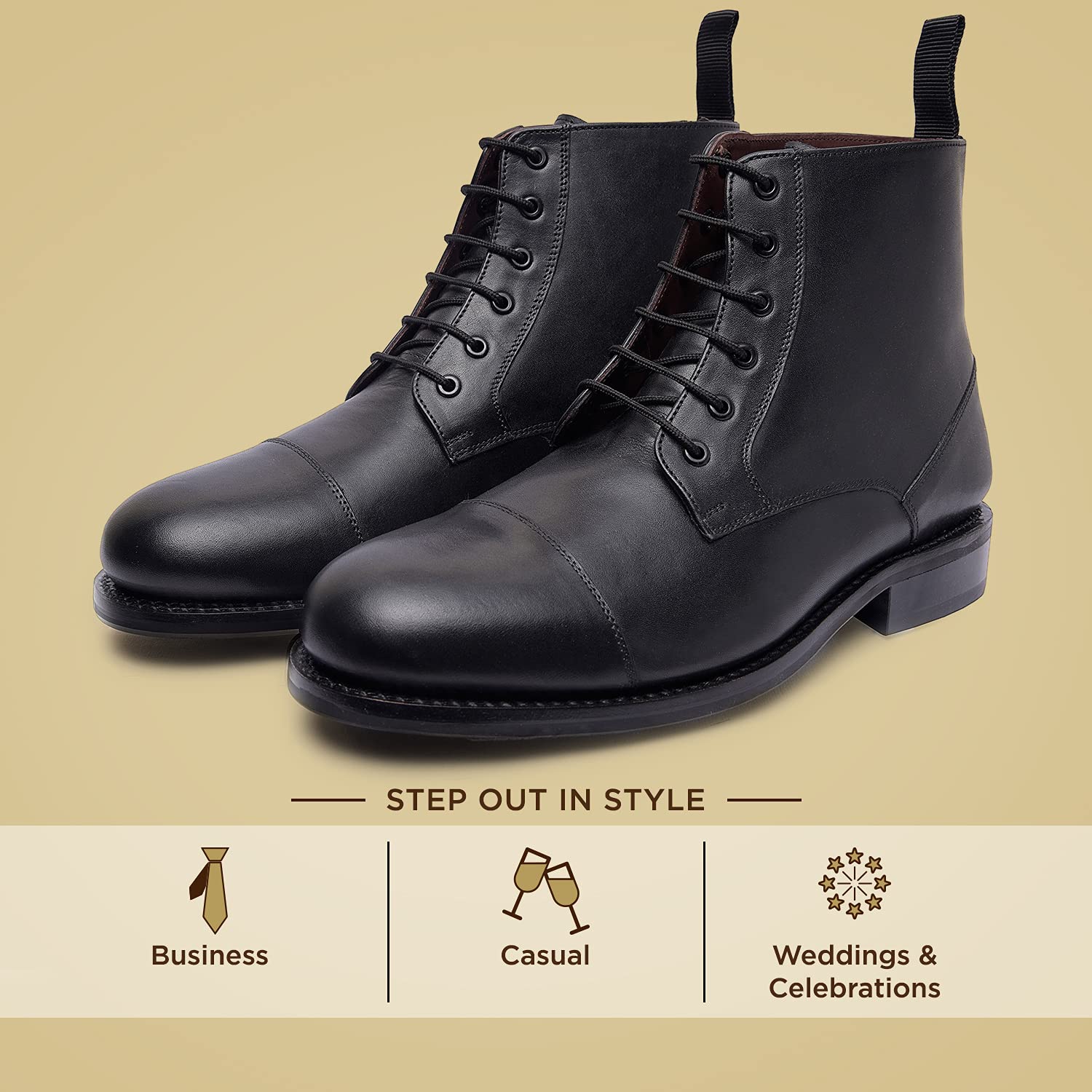 Allonsi Welton Men's Genuine Leather Combat Boots - Goodyear Welted Dress Boots with Comfortable Rubber Sole - Handcrafted Luxury Leather Shoes for Casual Wear & Outdoor Activities