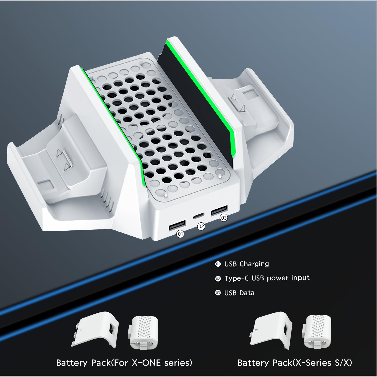 CTPOWER Cooling Stand for Xbox Series S with Dual Cooling Fans, 3-Speed Adjustable, Dual Controller Charger & LED Indicator, USB Port - 2 x 800mAh Rechargeable Batteries - Perfect for Gaming Sessions & Preventing Overheating