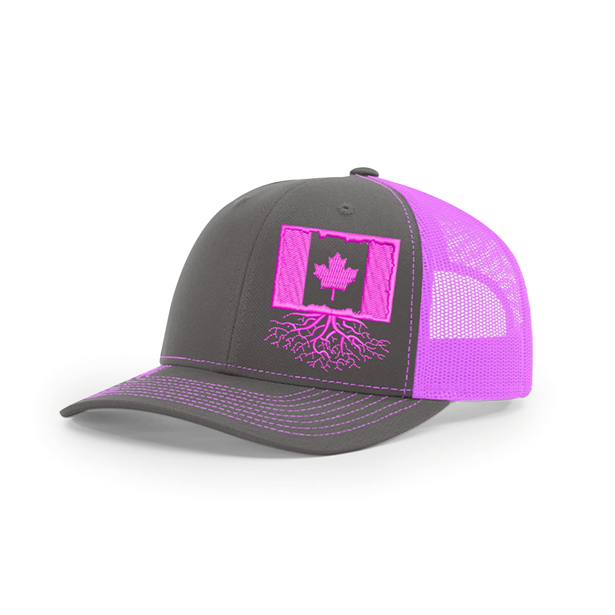 Canada Roots Design Snapback Hat - Stylish Unisex Baseball Cap with Mesh Back, Polyester Cotton Six-Panel Trucker Hat (Charcoal & Pink) - Perfect for Outdoor Activities, Sports & Casual Wear