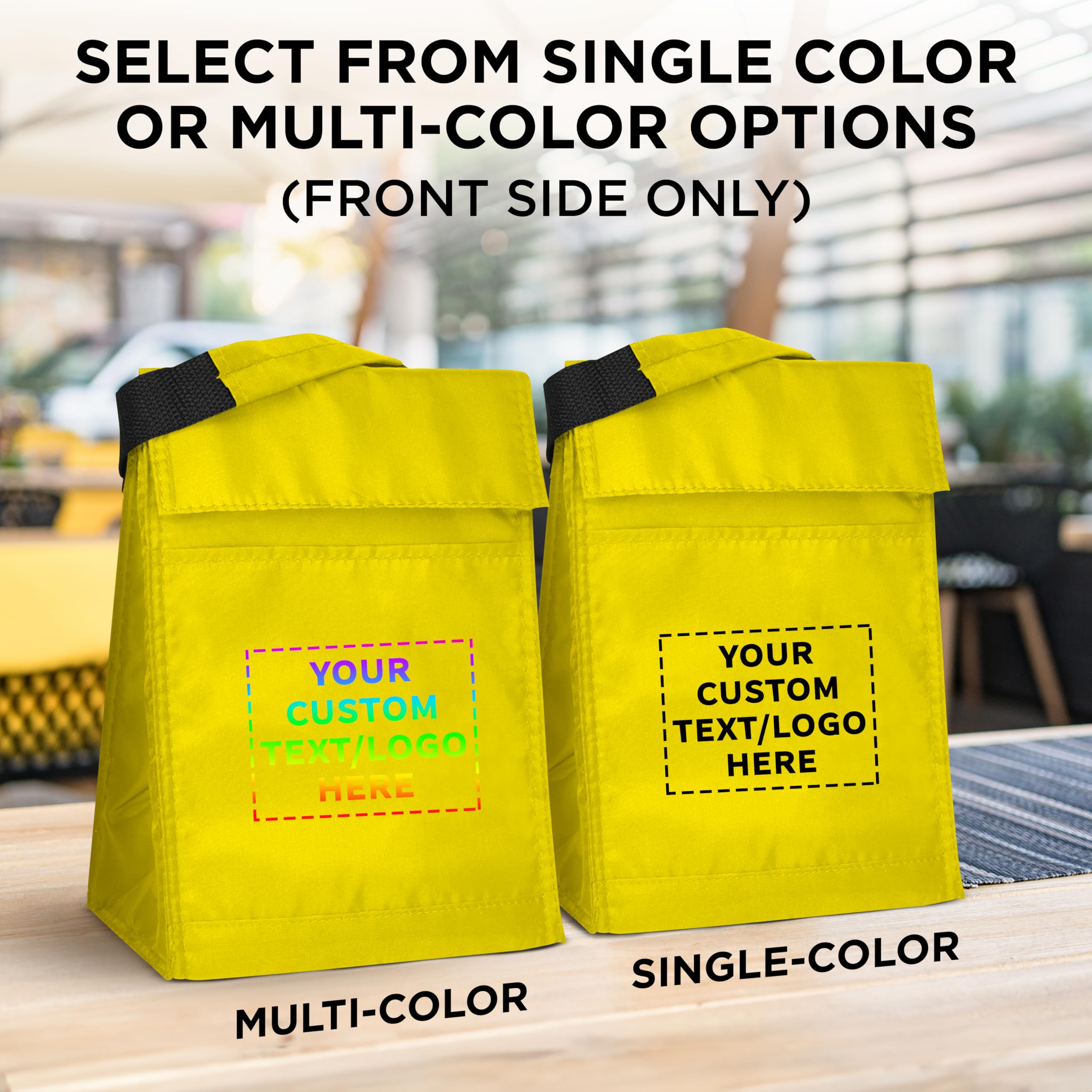 50-Pack Customizable Hook & Loop Insulated Lunch Bags - Durable Polyester Reusable Food Containers with Vibrant Yellow Color - Perfect for School, Office & Picnic Lunch Storage