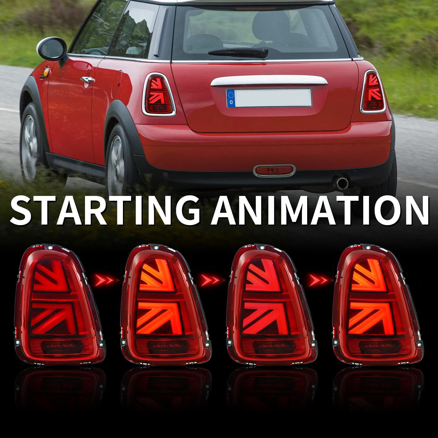 JCW Union Jack LED Tail Lights Assembly for Mini Cooper Hatchback R56 R57 R58 R59 (2007-2013) - Sequential Turn Signal Rear Lamps Pair - Upgrade for Mini Cooper S, Clubman & Convertible Models - Perfect for Night Driving & Car Customization