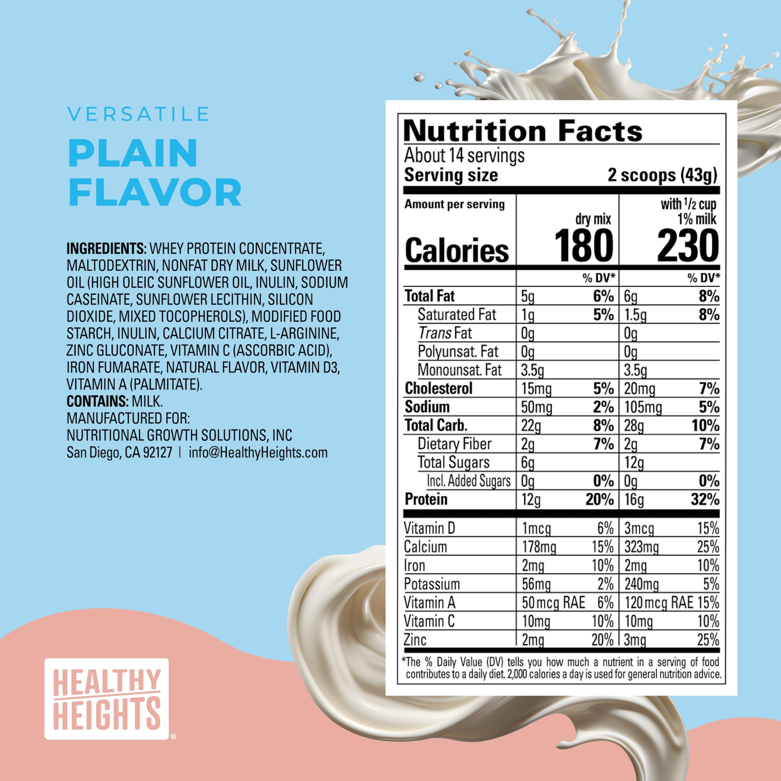 Healthy Heights Grow Daily Protein Powder (Plain) - Pediatrician-Developed Protein Shake for Kids - High Protein Nutritional Drink with Essential Vitamins & Minerals - No Added Sugar - Perfect for Breakfast, After-School Snacks & Active Lifestyles