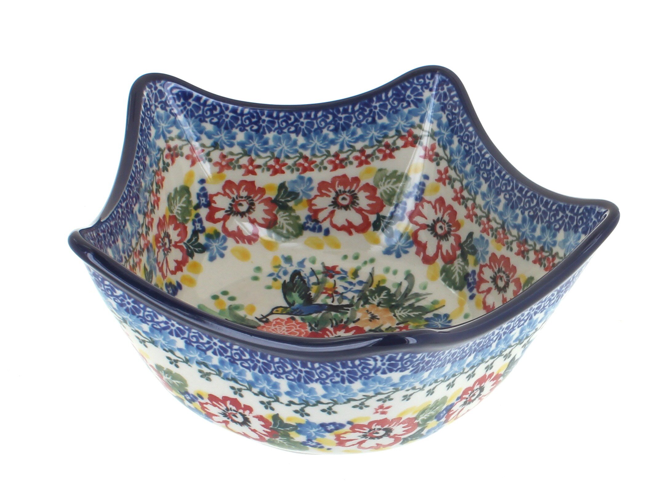 Handmade Blue Rose Polish Pottery Hummingbird Five Point Bowl - Elegant Serving Dish for Salads, Fruits & Desserts | Perfect for Home Decor & Gift Giving