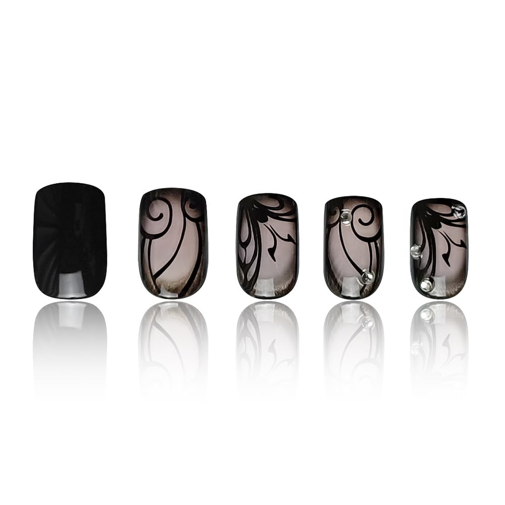 24Pcs Black Press on Nails Short Square - Acrylic Fake Nails with Glossy Finish & Vine Design | Easy Glue-on Full Cover Artificial Nails for Women & Girls | Perfect for Summer, Parties, Weddings & Daily Wear