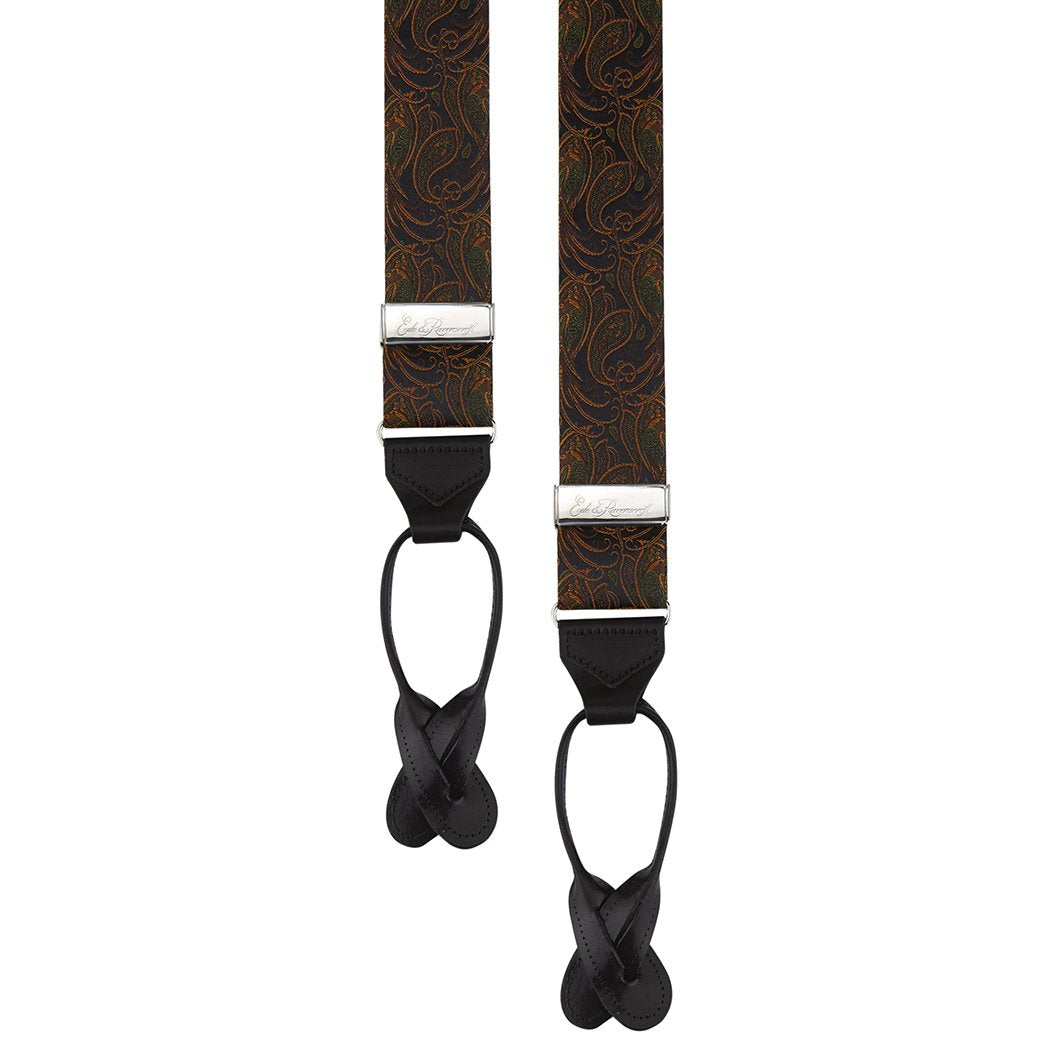 Black and Orange Paisley Bird Pattern Silk Suspenders for Men - Stylish Vintage Accessories for Weddings, Business Attire & Formal Events