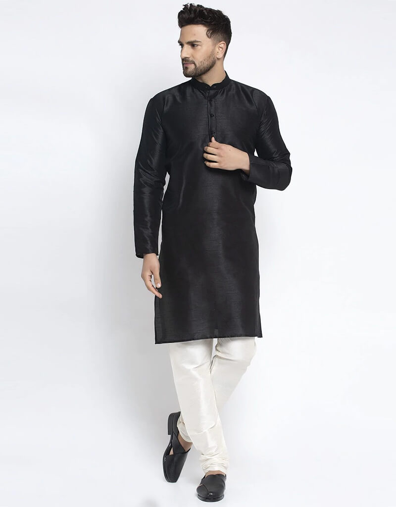 Black Kurta Dhupion Silk Pajama Set for Men - Traditional Indian Ethnic Wear for Festivals, Weddings & Special Occasions