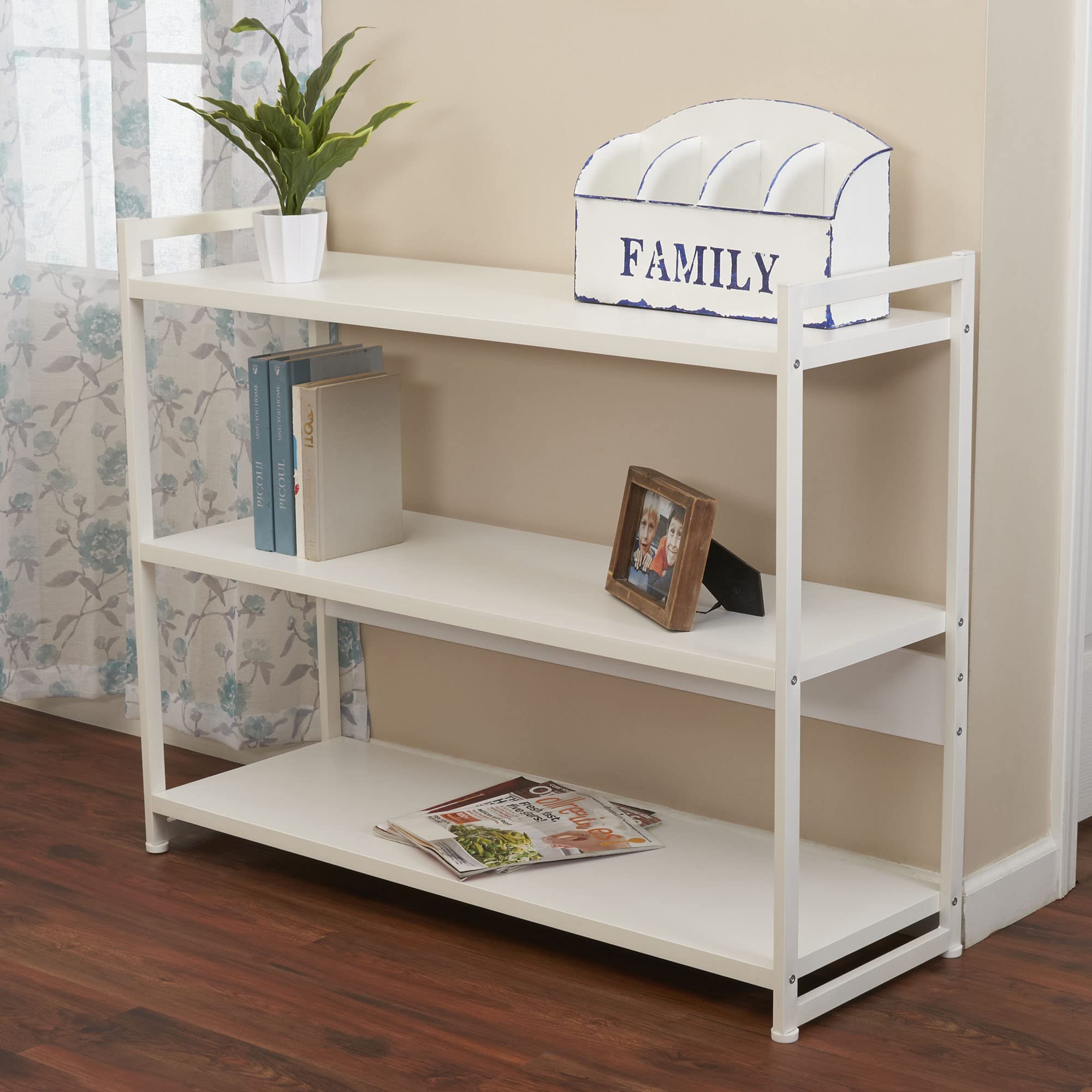 Jamestown Wide 3-Tier Open Storage Bookshelf - Scandinavian White Metal Shelving Unit for Living Room, Bedroom & Office Organization