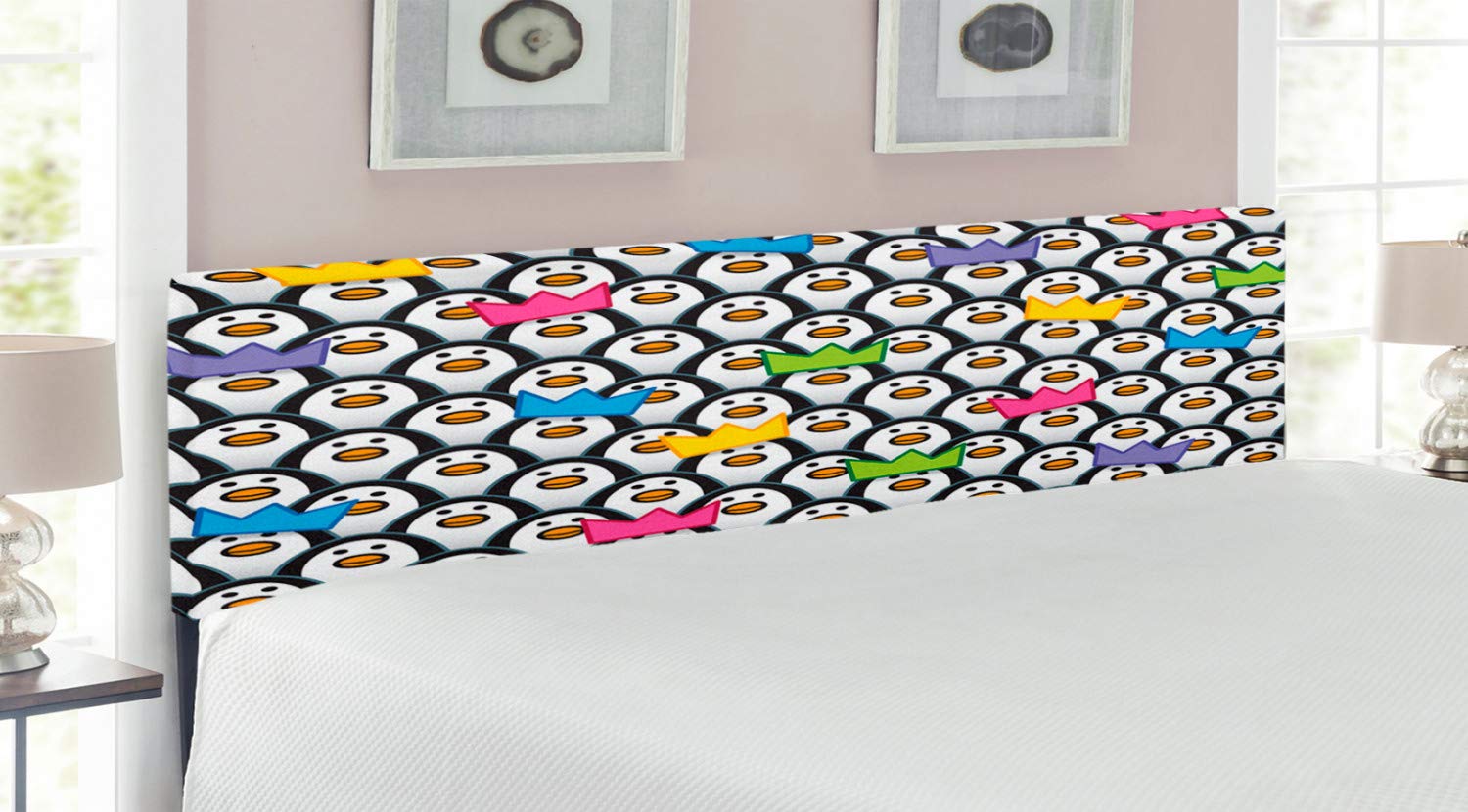 Ambesonne King Size Upholstered Metal Headboard with Memory Foam - Colorful Penguin Design in Party Hats for Coastal & Kids Bedroom Decor | Perfect for Beach House, Nursery or Polar Theme Rooms