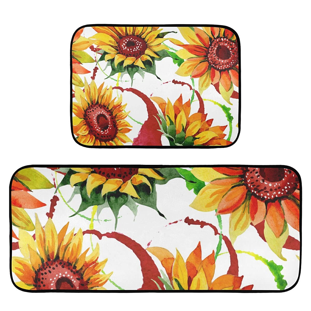 Non-Slip Washable Wildflower Sunflower Kitchen Rugs Set of 2 - Absorbent Floor Mats for Sink Area, Laundry Room & Home Decor - Anti-Skid Runner Rugs for High Traffic Areas