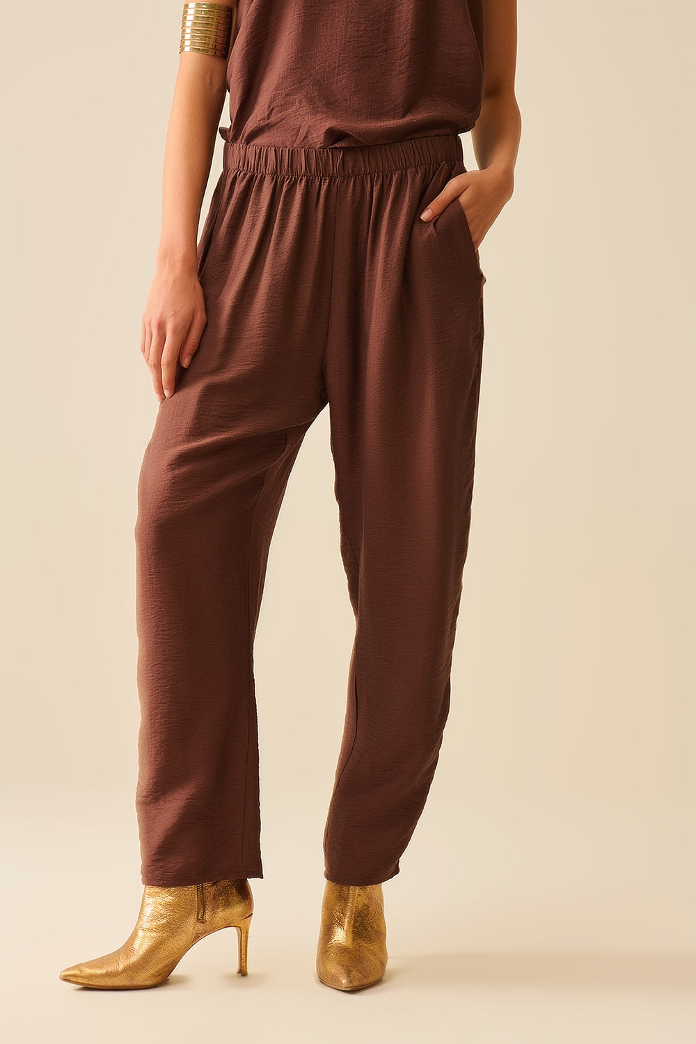 Elastic Waist Summer Pants with Pockets in Brown - Comfortable Casual Wear for Outdoor Activities and Travel